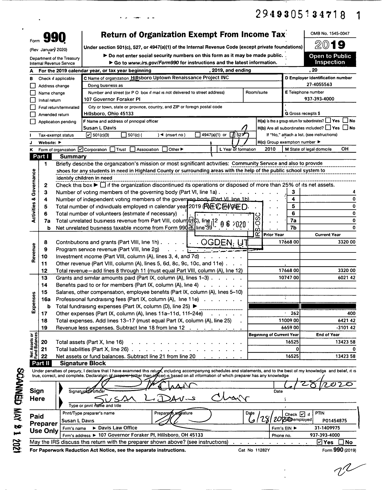 Image of first page of 2019 Form 990 for Hillsboro Uptown Renaissance Project