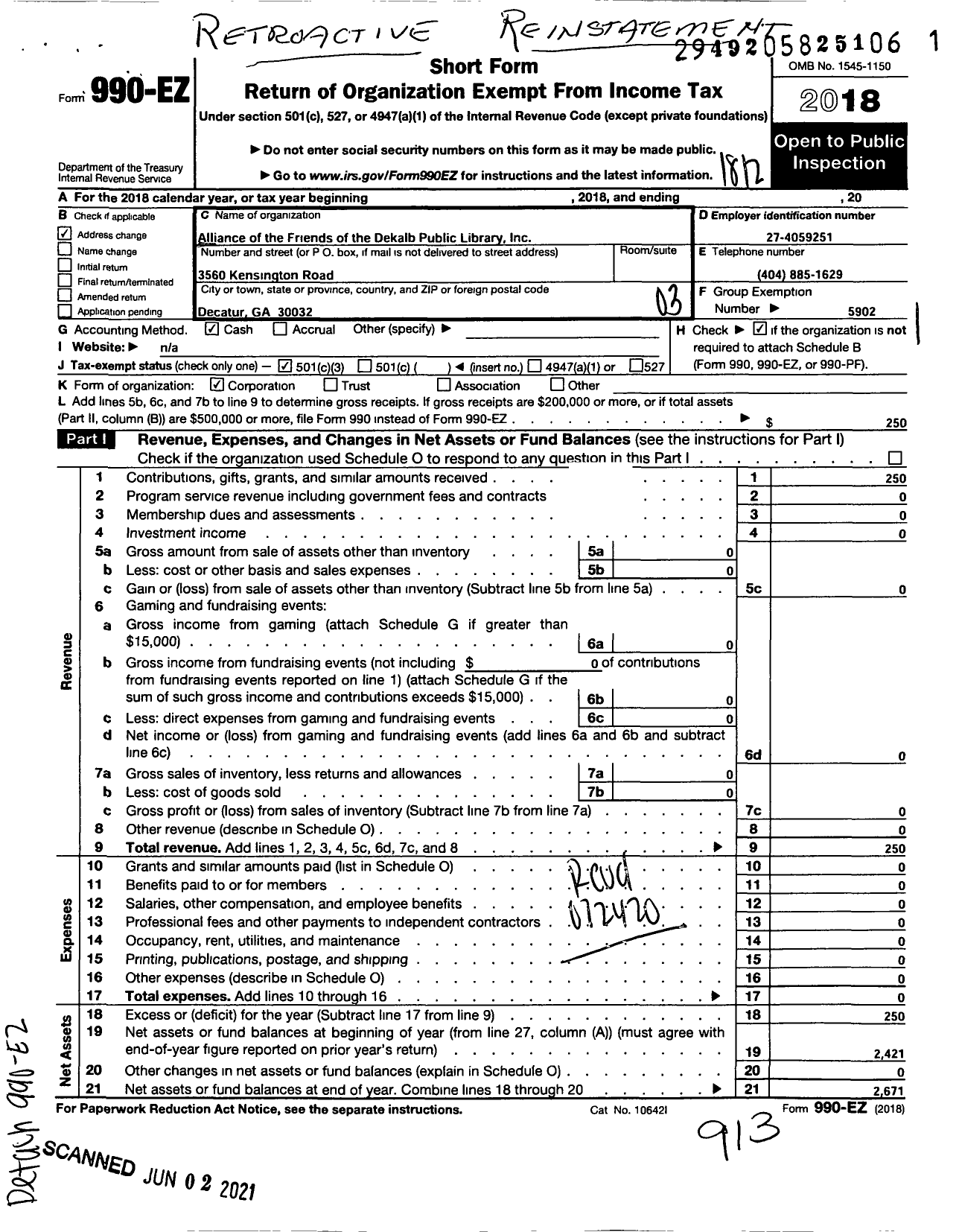 Image of first page of 2018 Form 990EZ for ALLIANCE OF THE FRIENDS OF THE DEKALb COUNTY PUBLIC LIBRARY