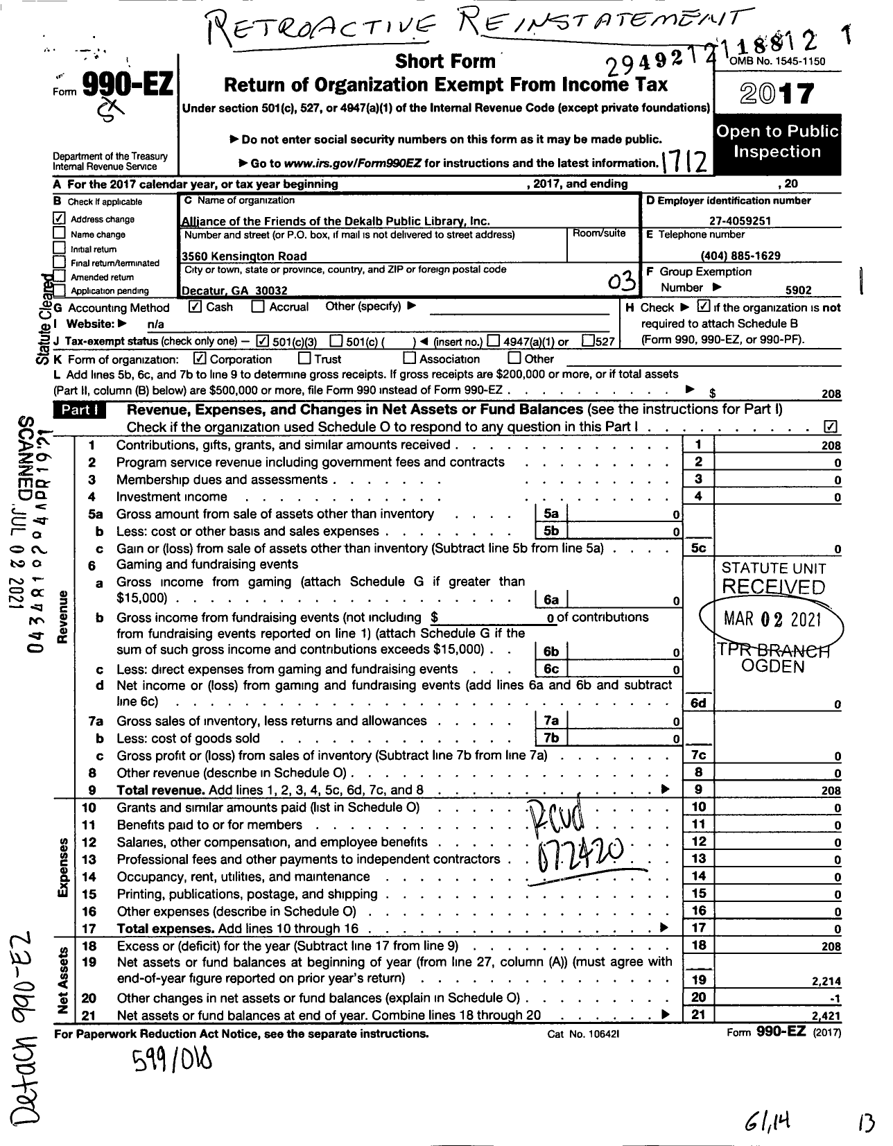 Image of first page of 2017 Form 990EZ for ALLIANCE OF THE FRIENDS OF THE DEKALb COUNTY PUBLIC LIBRARY