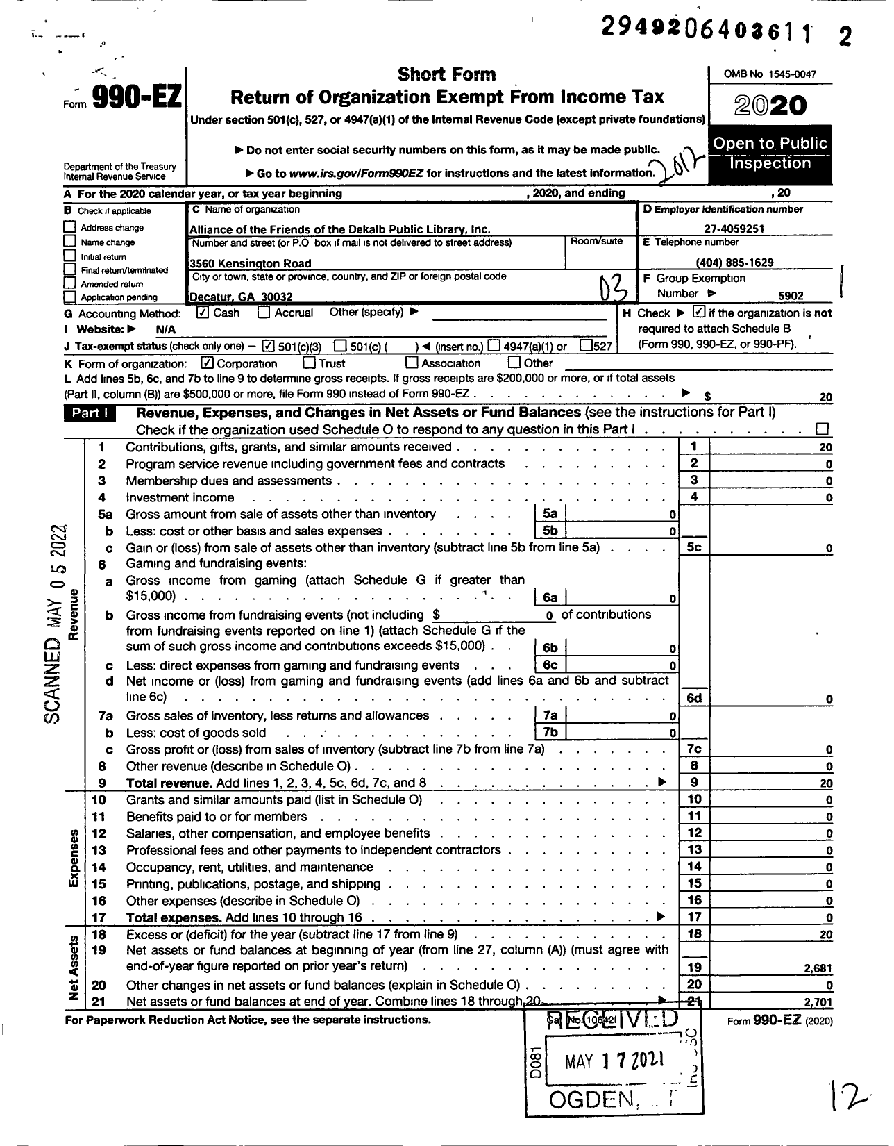 Image of first page of 2020 Form 990EZ for ALLIANCE OF THE FRIENDS OF THE DEKALb COUNTY PUBLIC LIBRARY