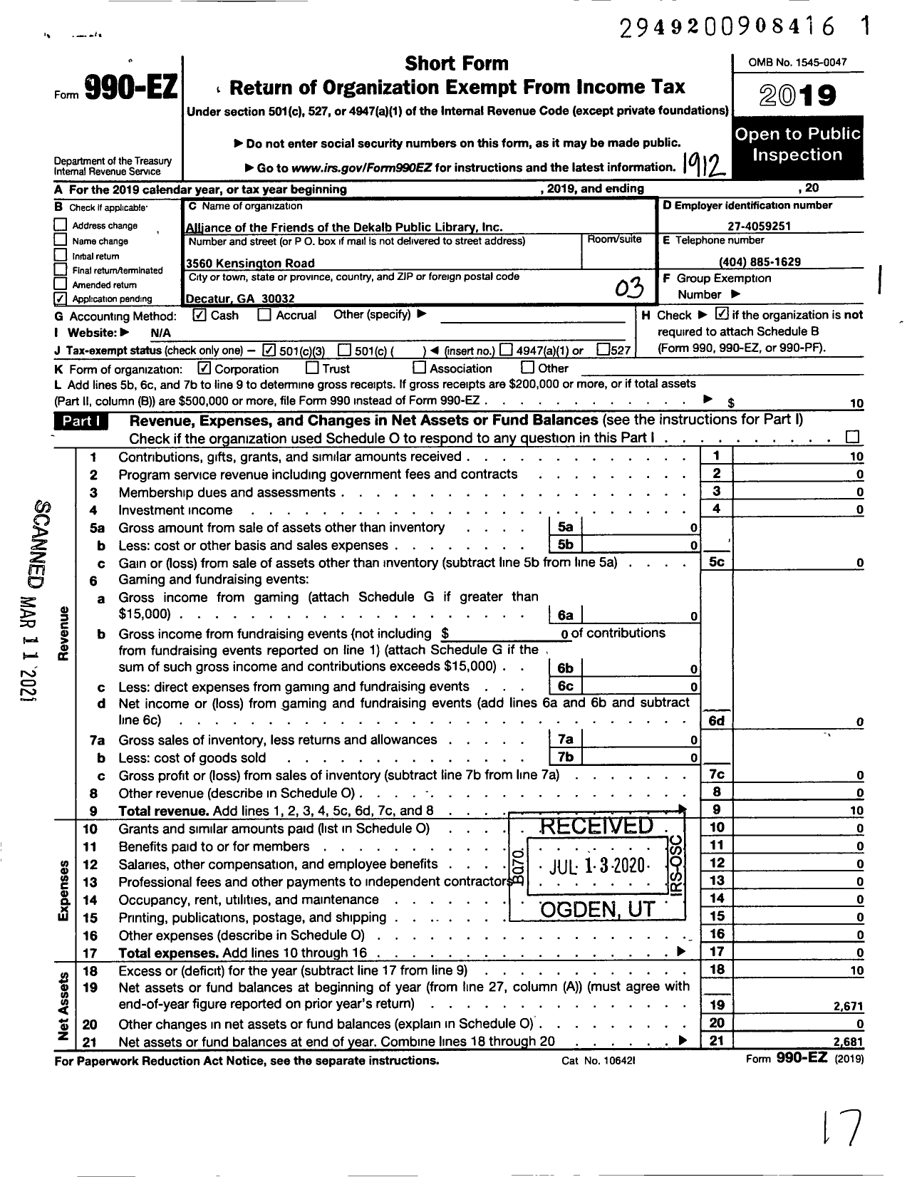 Image of first page of 2019 Form 990EZ for ALLIANCE OF THE FRIENDS OF THE DEKALb COUNTY PUBLIC LIBRARY