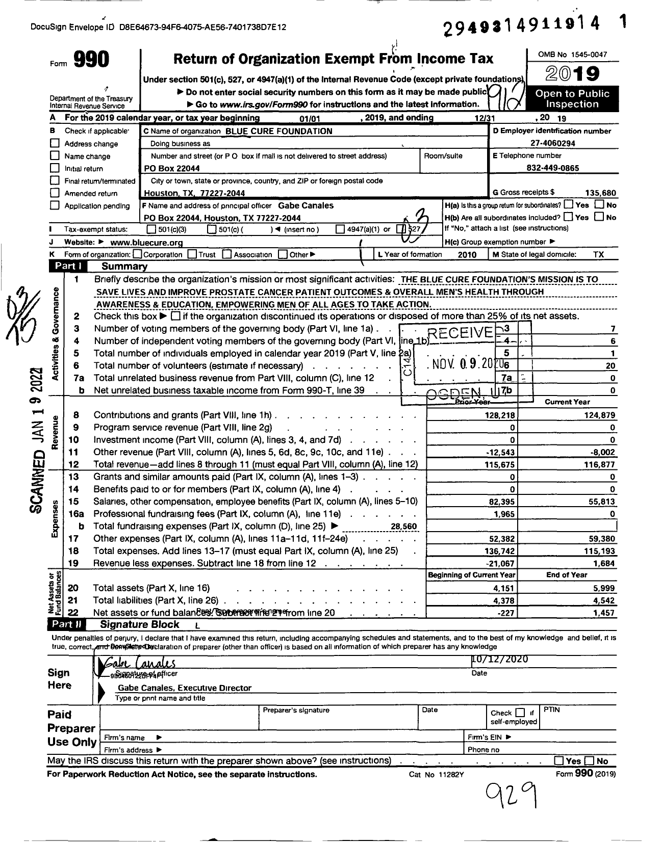 Image of first page of 2019 Form 990 for Blue Cure Foundation