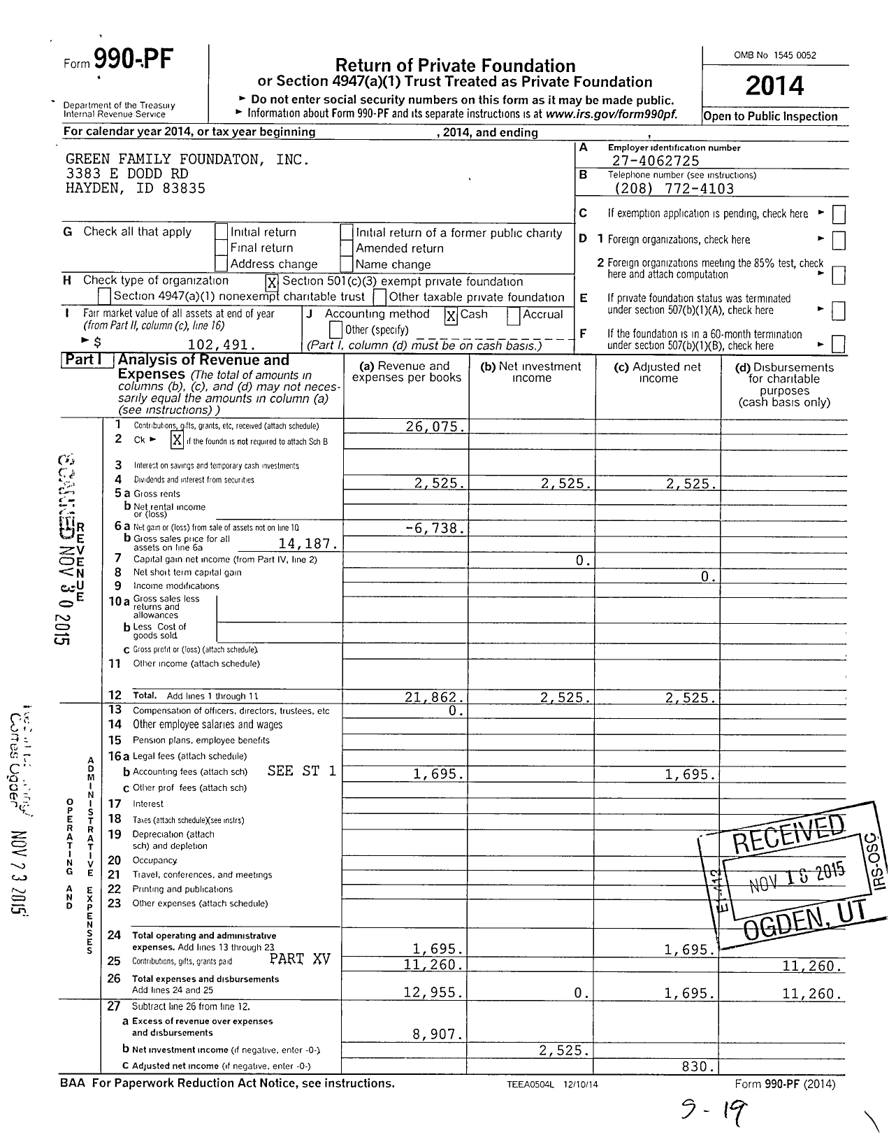 Image of first page of 2014 Form 990PF for Green Family Foundation