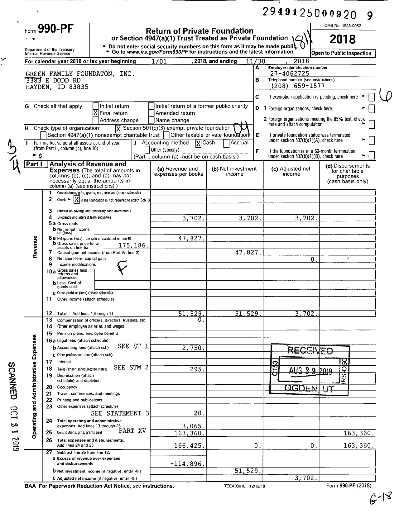 Image of first page of 2017 Form 990PF for Green Family Foundation