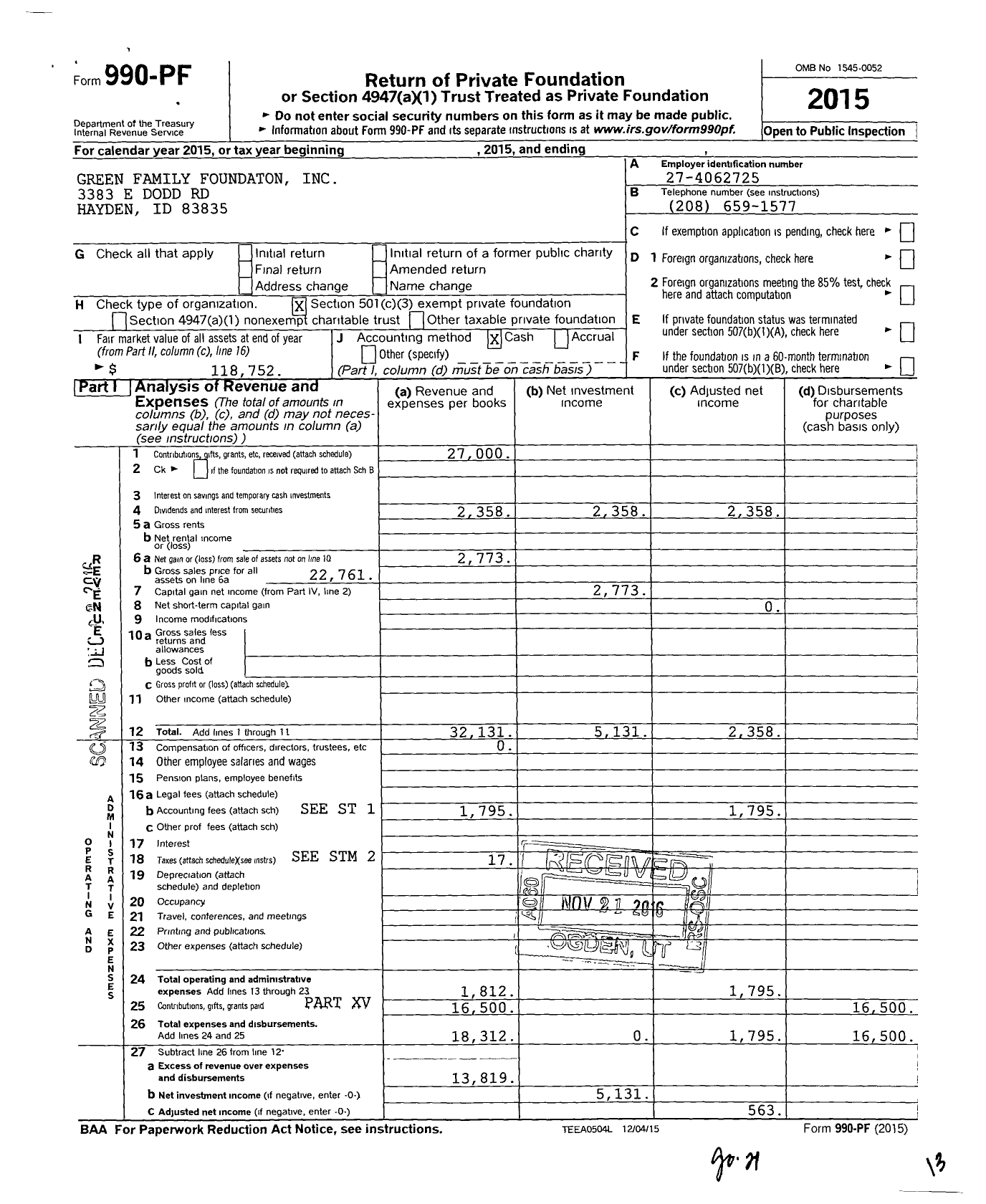 Image of first page of 2015 Form 990PF for Green Family Foundation