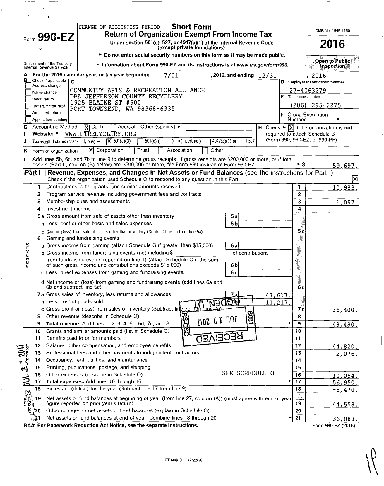 Image of first page of 2016 Form 990EZ for RECYCLERY of JEFFERSON COUNTY