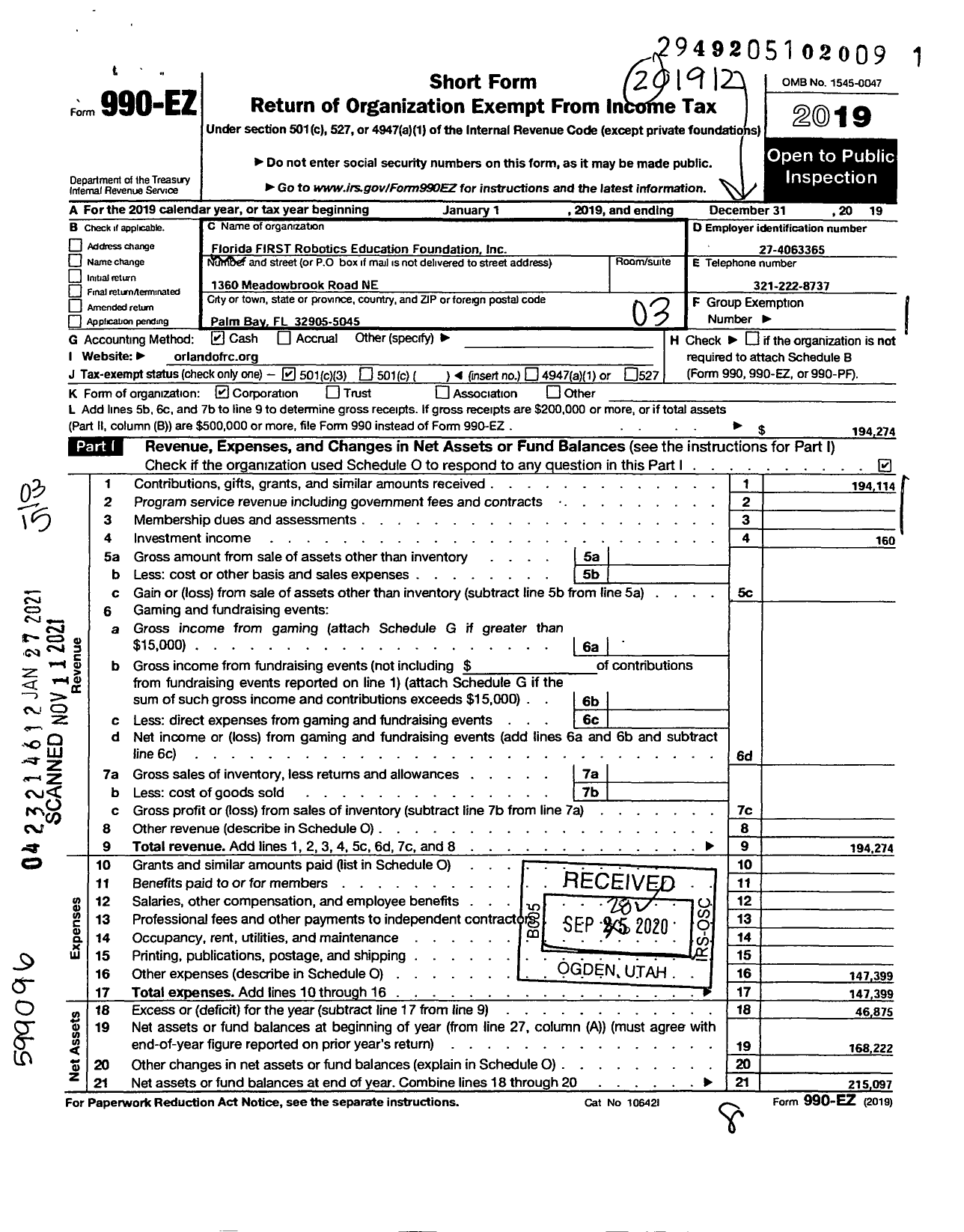 Image of first page of 2019 Form 990EZ for Florida FIRST Robotics Education Foundation