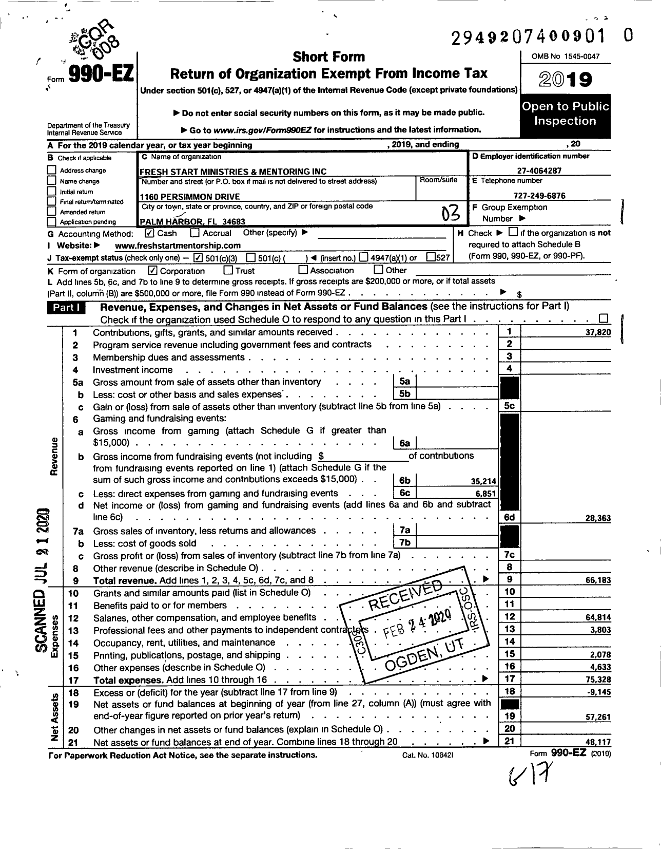 Image of first page of 2019 Form 990EZ for Fresh Start Ministries and Mentoring