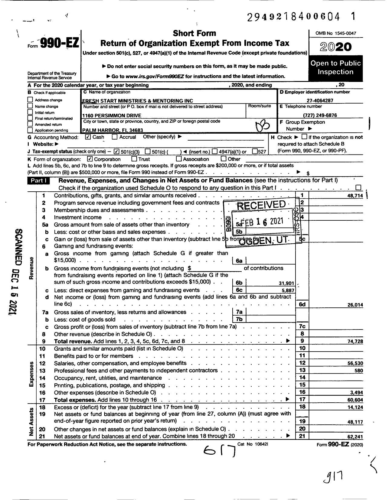 Image of first page of 2020 Form 990EZ for Fresh Start Ministries and Mentoring