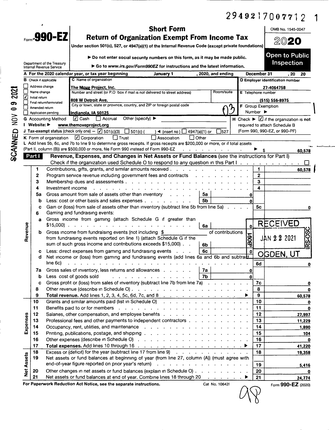 Image of first page of 2020 Form 990EZ for The Move Project