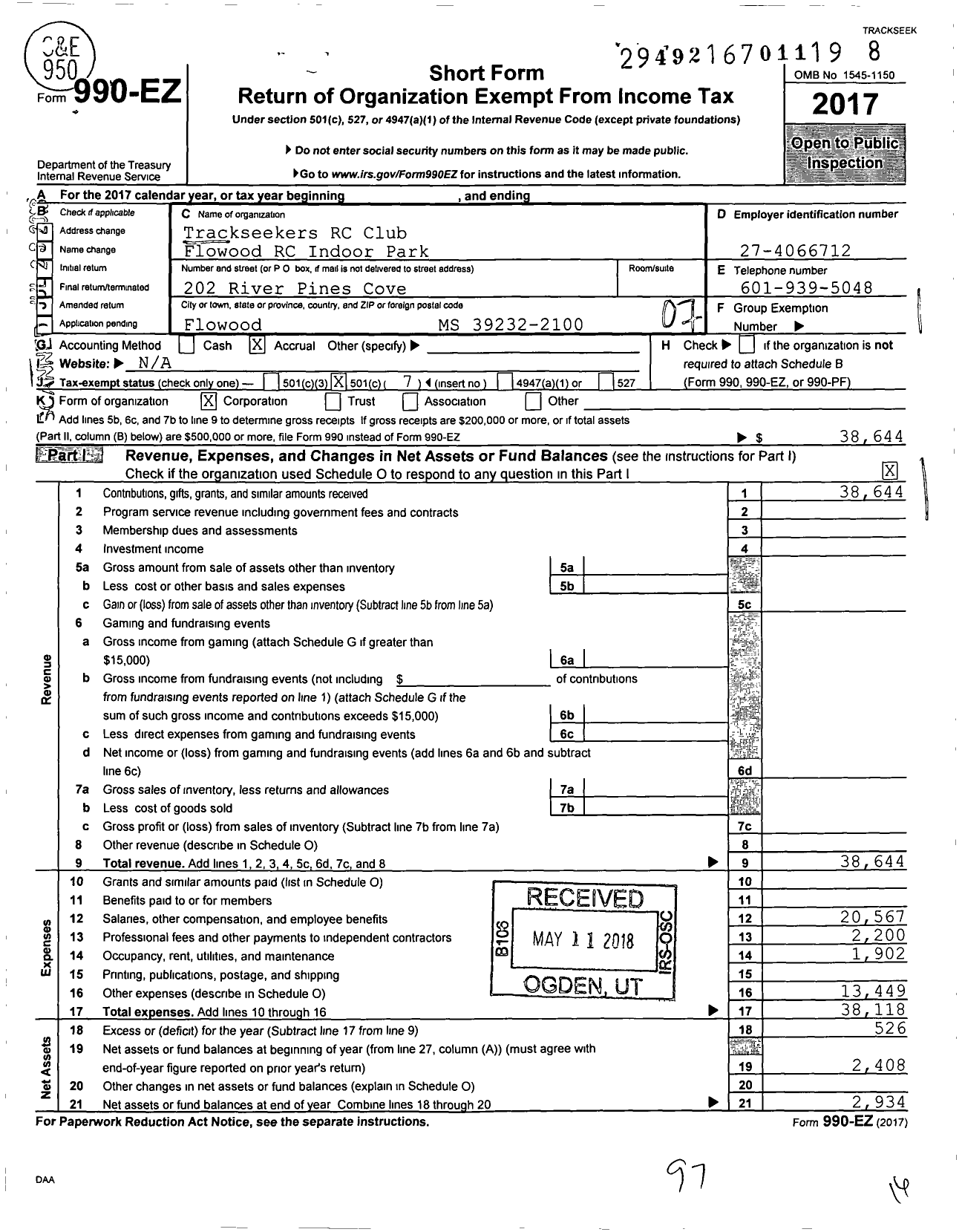 Image of first page of 2017 Form 990EO for Trackseekers RC Club Flowood RC Indoor Park