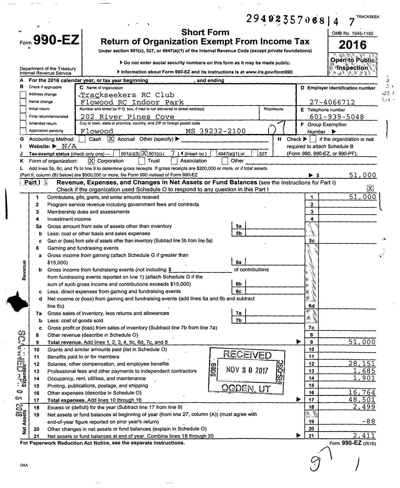 Image of first page of 2016 Form 990EO for Trackseekers RC Club Flowood RC Indoor Park