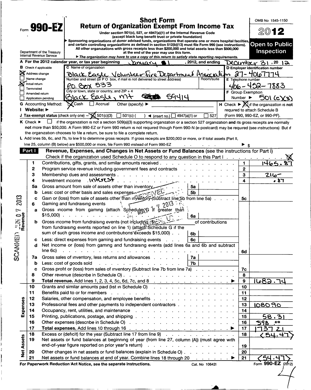 Image of first page of 2012 Form 990EZ for Black Eagle Volunteer Fire Department Association