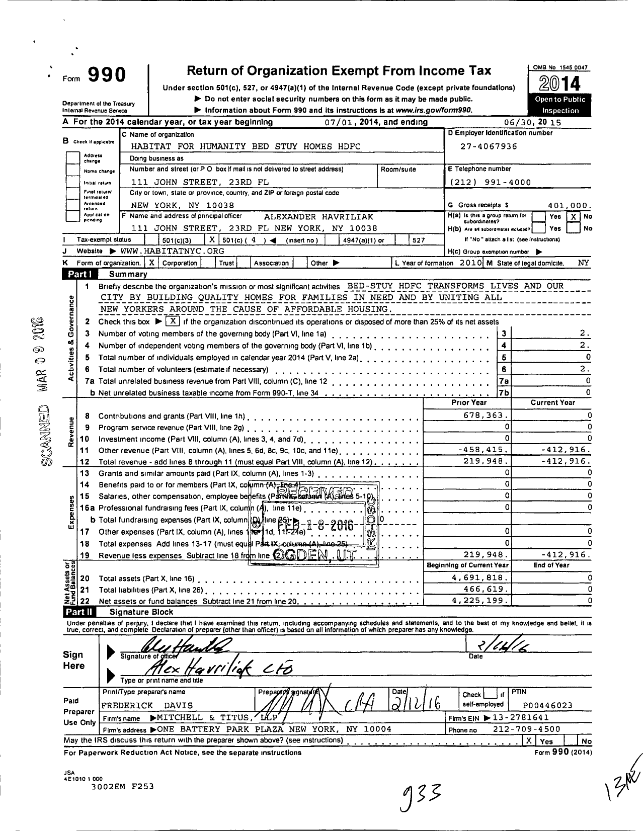 Image of first page of 2014 Form 990O for Habitat for Humanity Bed Stuy Homes HDFC