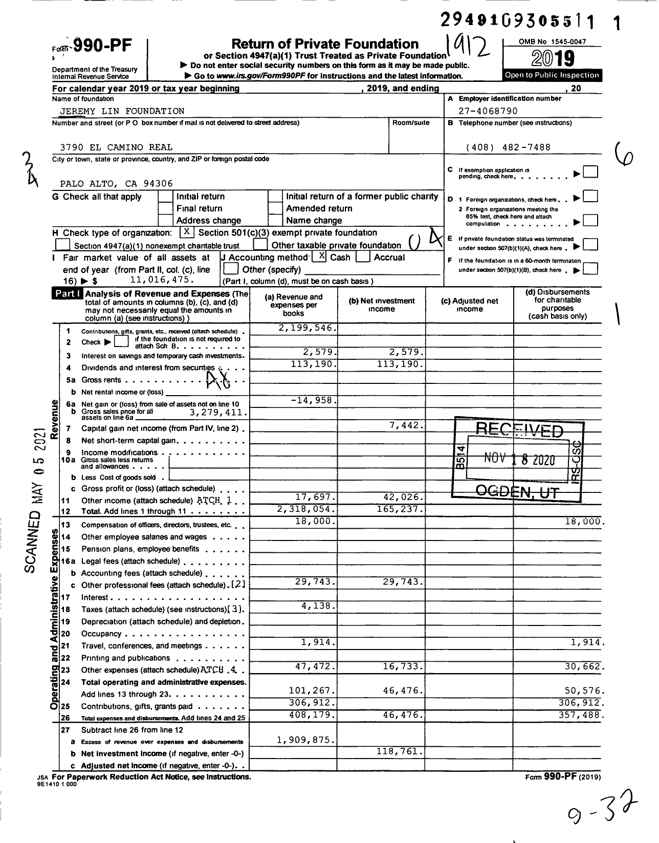 Image of first page of 2019 Form 990PF for Jeremy Lin Foundation