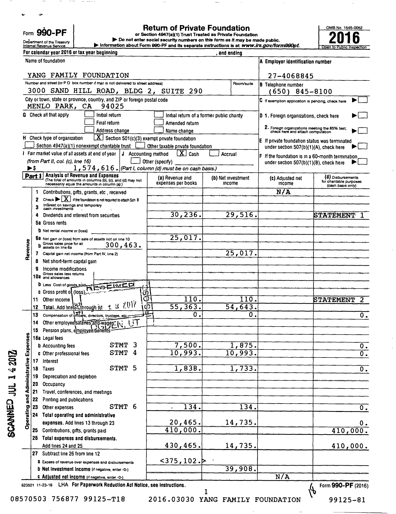 Image of first page of 2016 Form 990PF for Yang Family Foundation