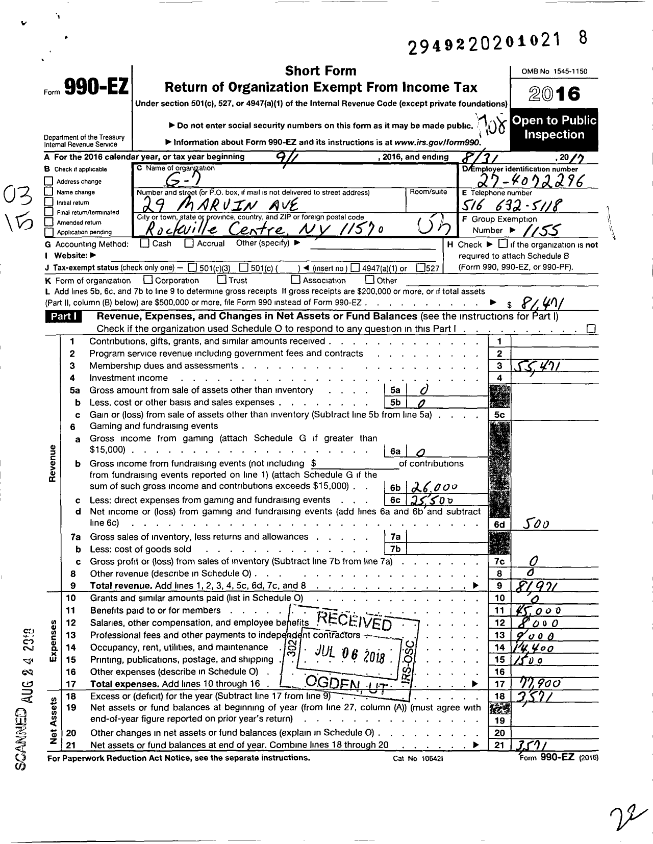 Image of first page of 2016 Form 990EZ for Amateur Athletic Union - G7