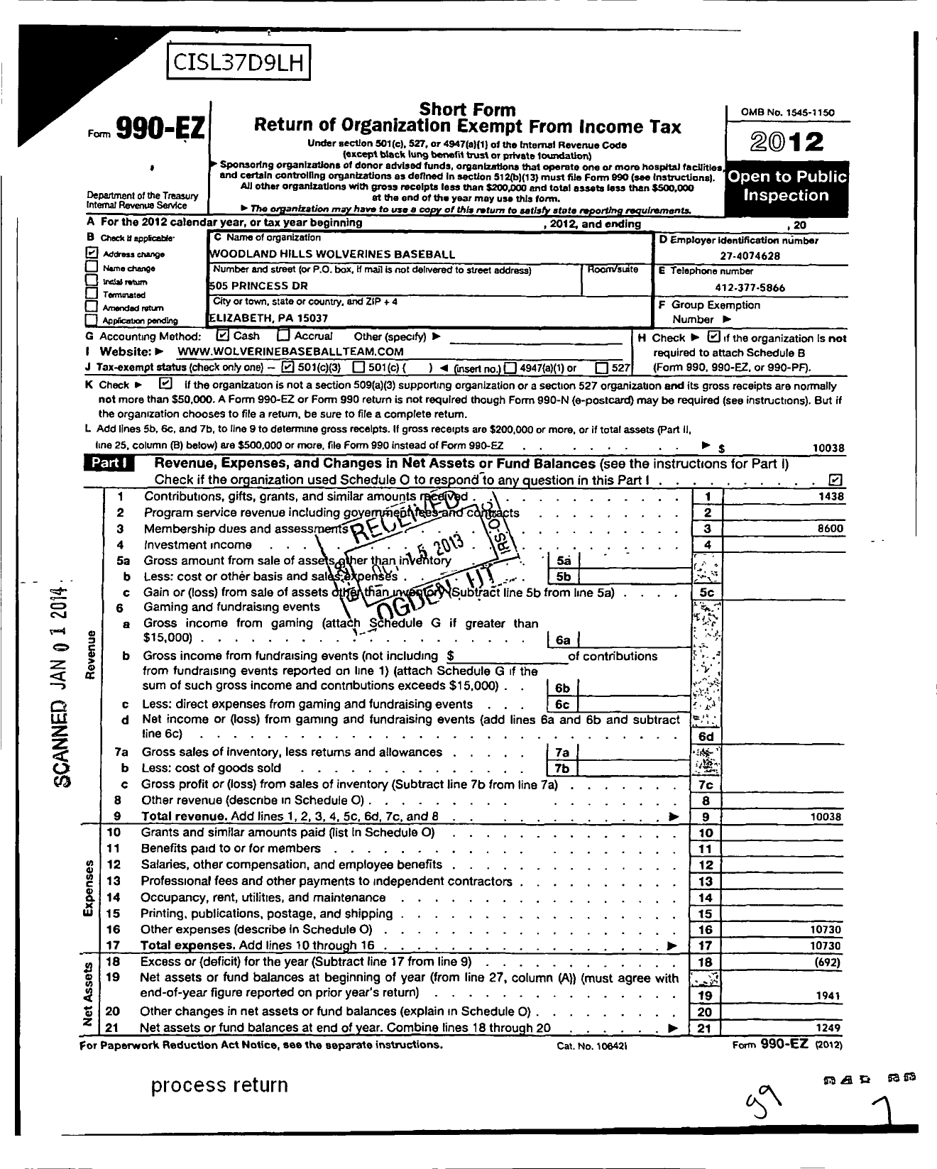 Image of first page of 2012 Form 990EZ for Woodland Hills Wolverines Baseball Club