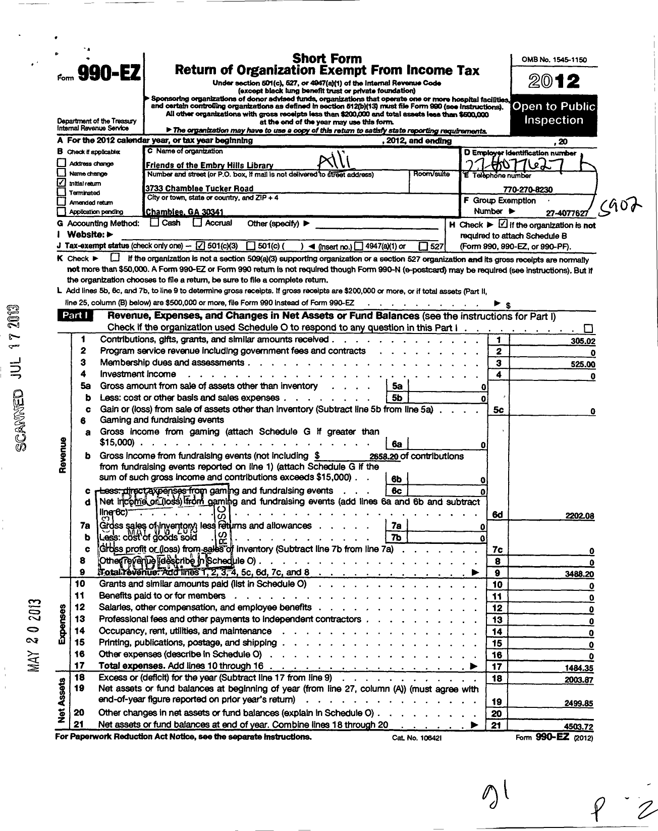 Image of first page of 2012 Form 990EZ for Friends of the Embry Hills Library