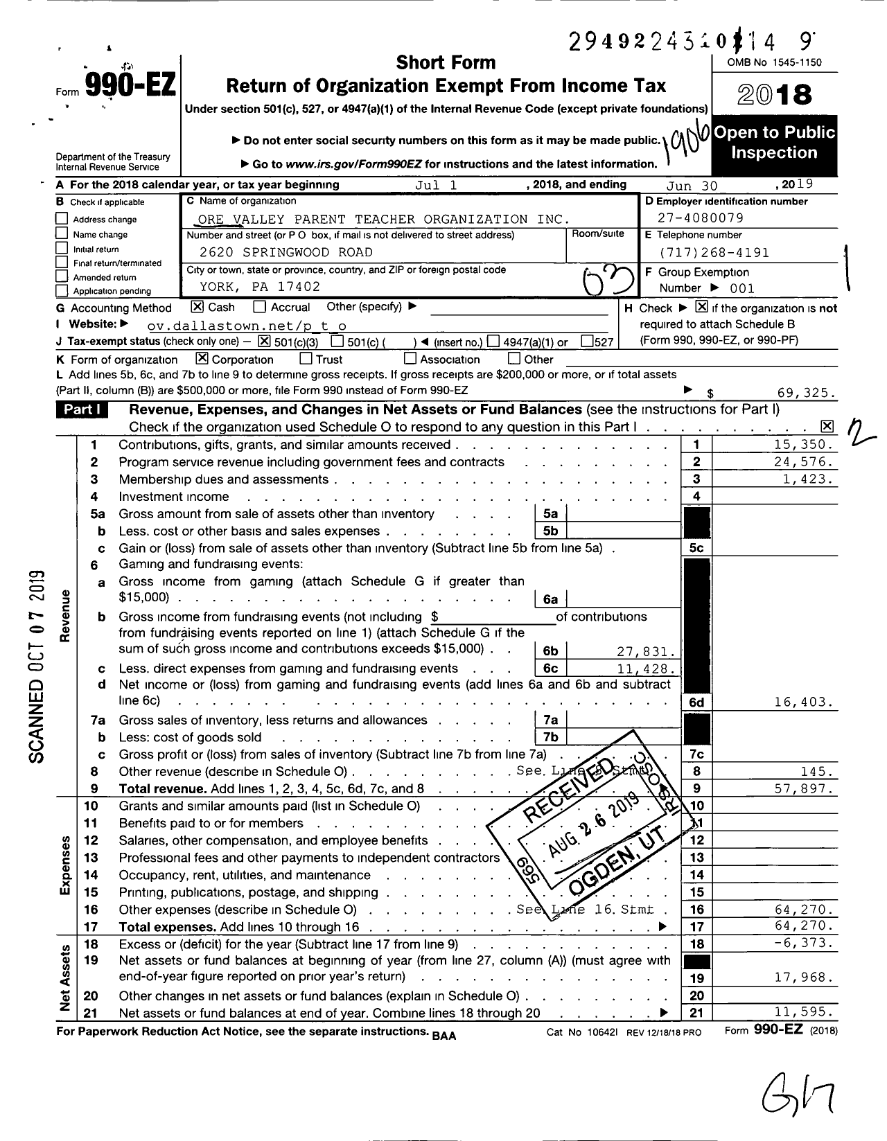 Image of first page of 2018 Form 990EZ for Ore Valley Parent Teacher Organization