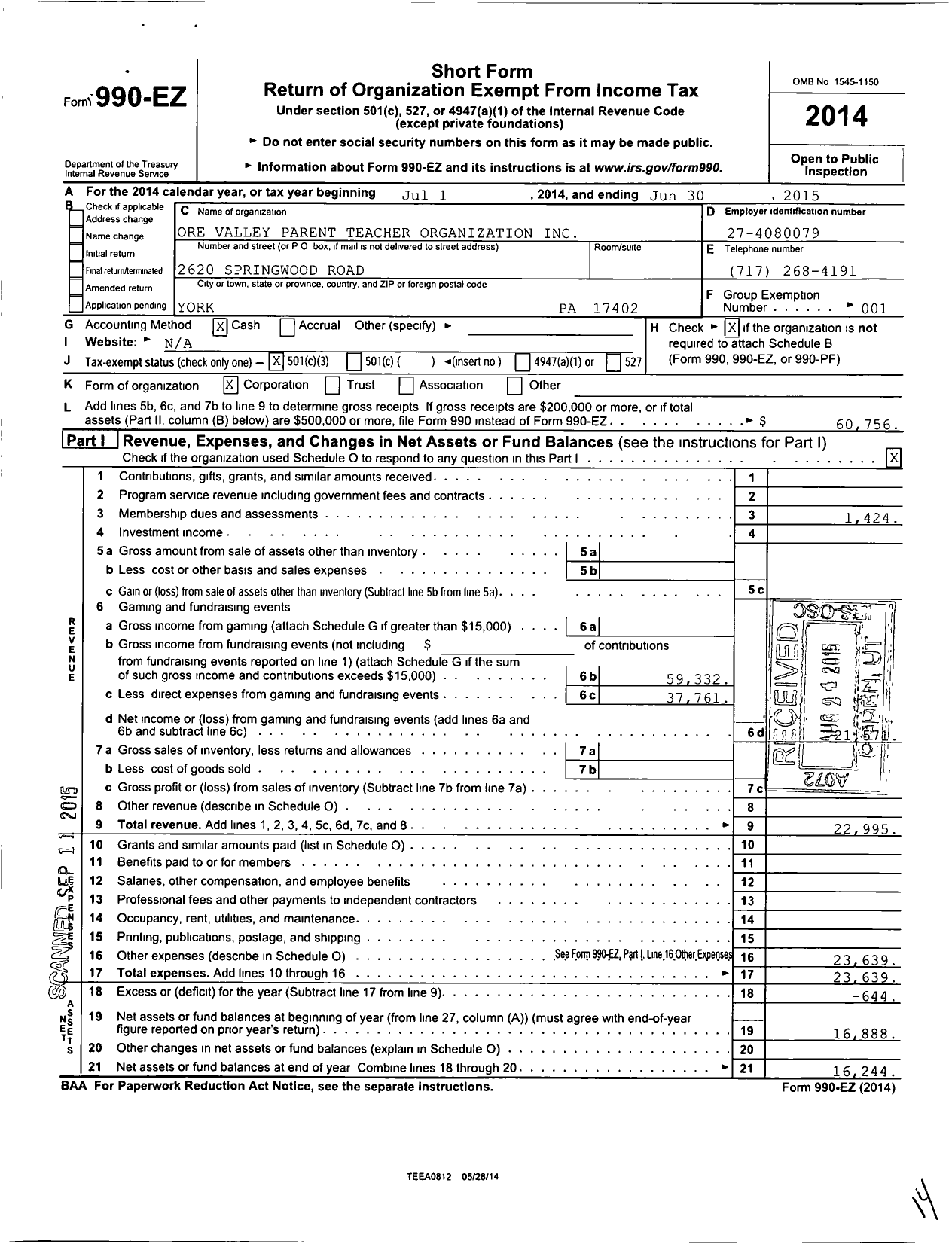 Image of first page of 2014 Form 990EZ for Ore Valley Parent Teacher Organization