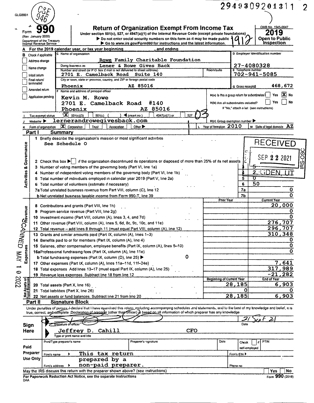 Image of first page of 2019 Form 990 for Lener and Rowe Gives Back