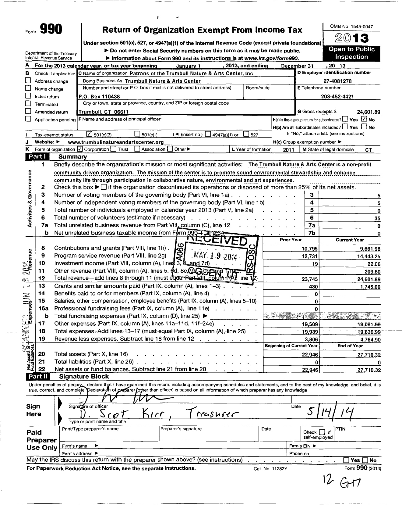 Image of first page of 2013 Form 990 for Patrons of the Trumbull Nature and Arts Center