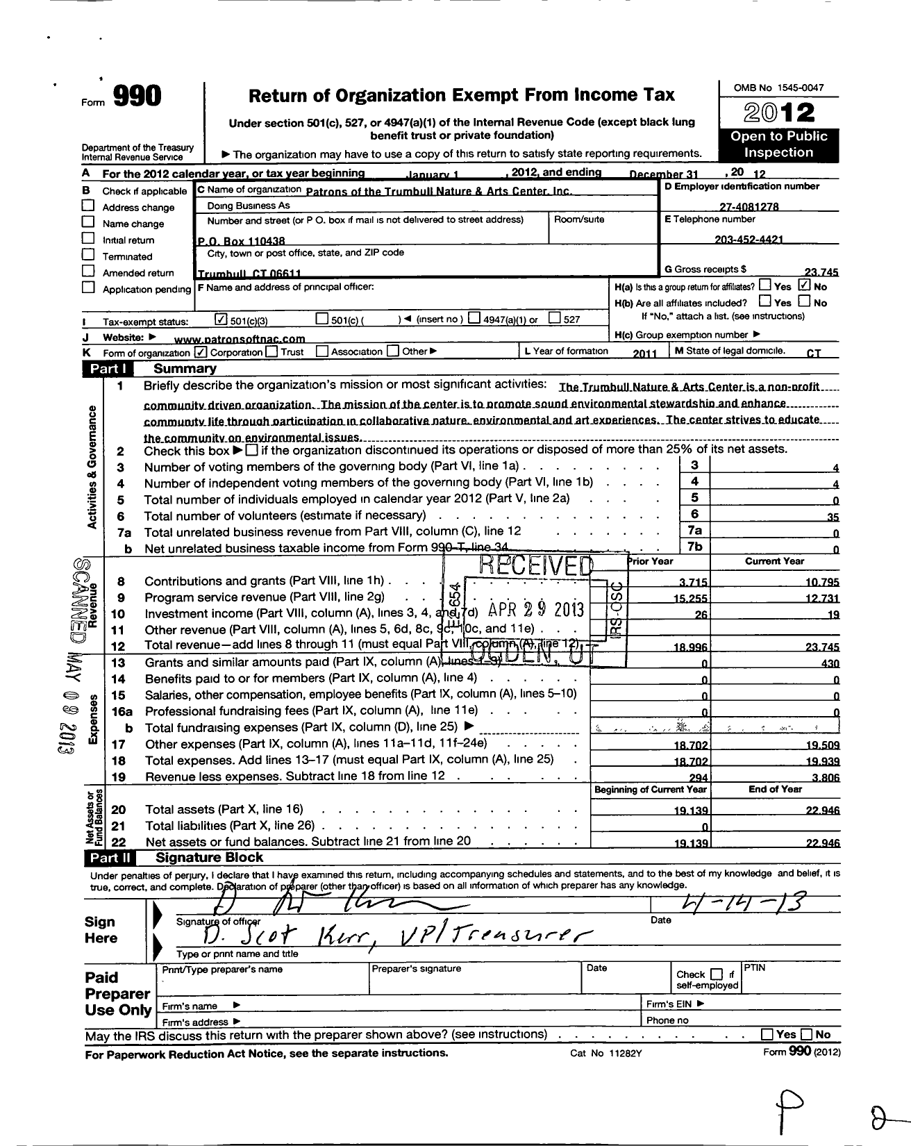 Image of first page of 2012 Form 990 for Patrons of the Trumbull Nature and Arts Center