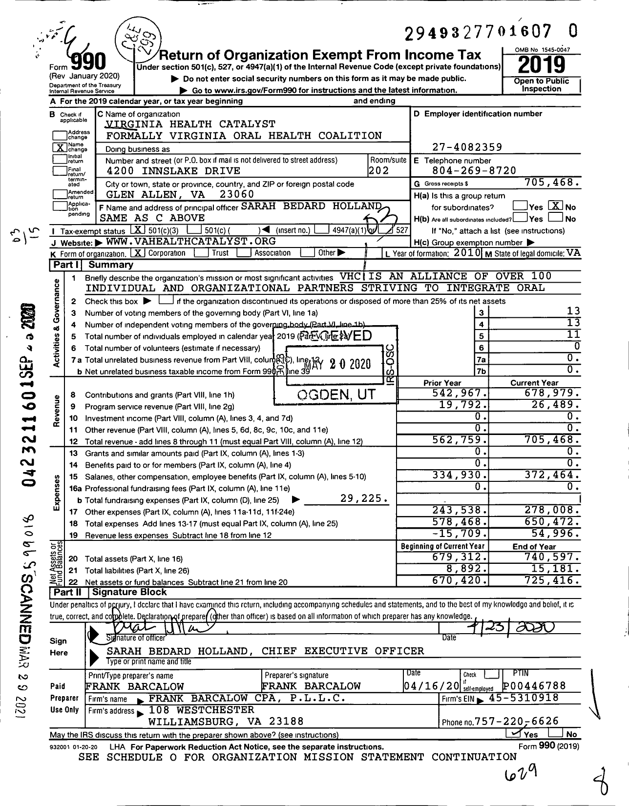 Image of first page of 2019 Form 990 for Virginia Health Catalyst