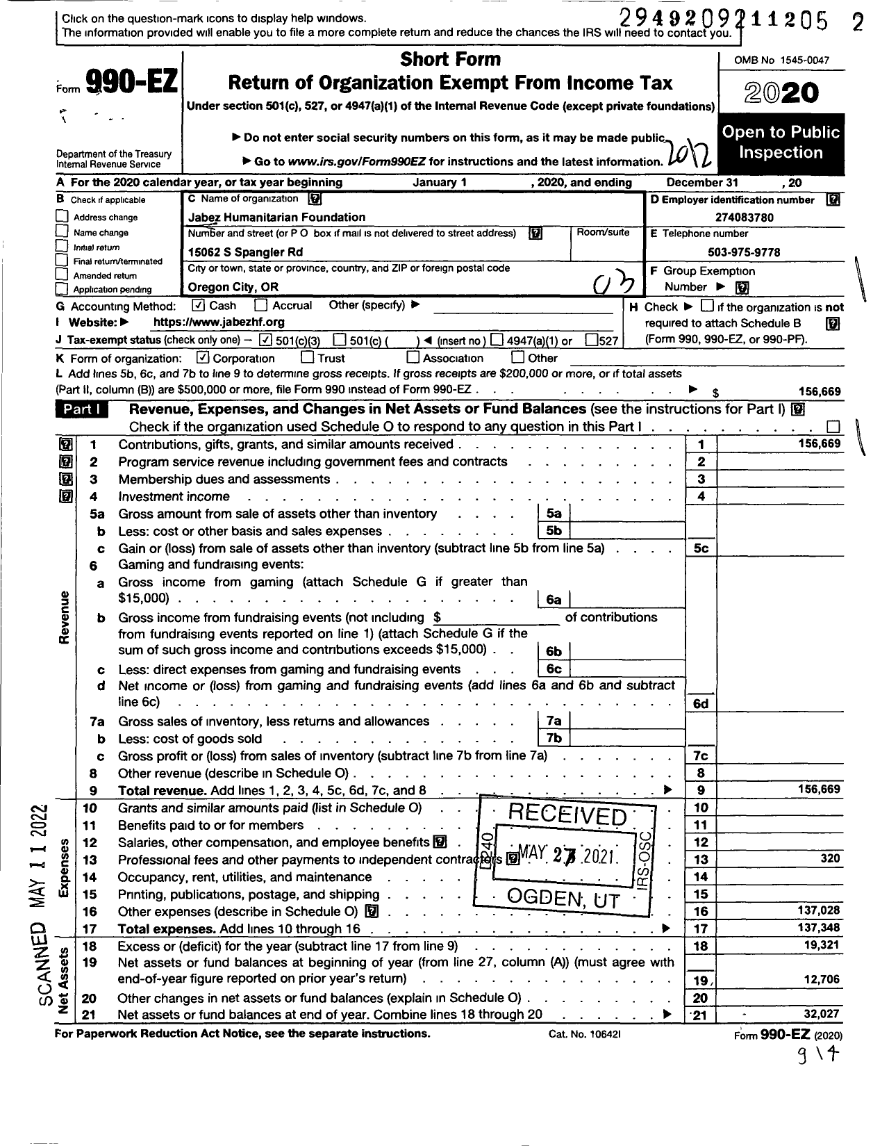 Image of first page of 2020 Form 990EZ for Jabez Humanitarian Foundation