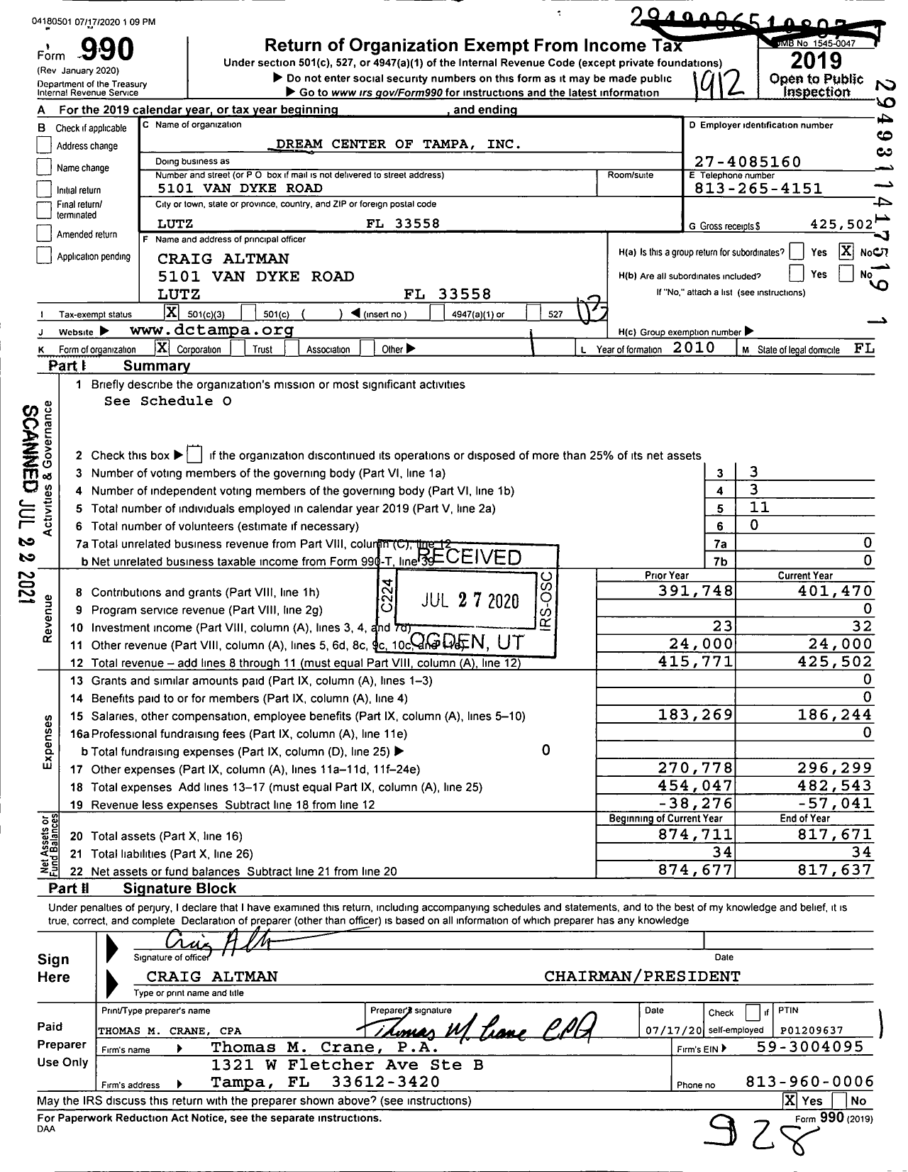 Image of first page of 2019 Form 990 for Dream Center of Tampa