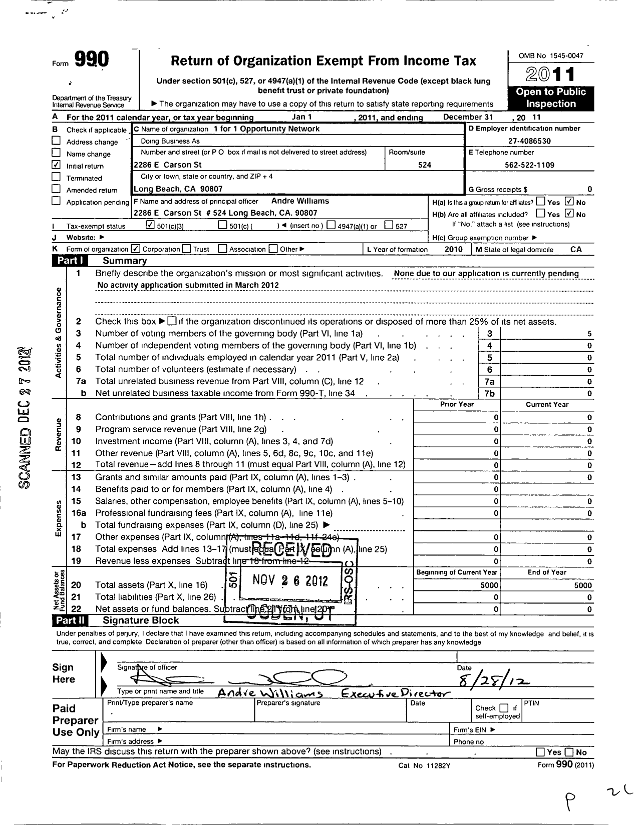 Image of first page of 2011 Form 990 for 1 for 1 Opportunity Network