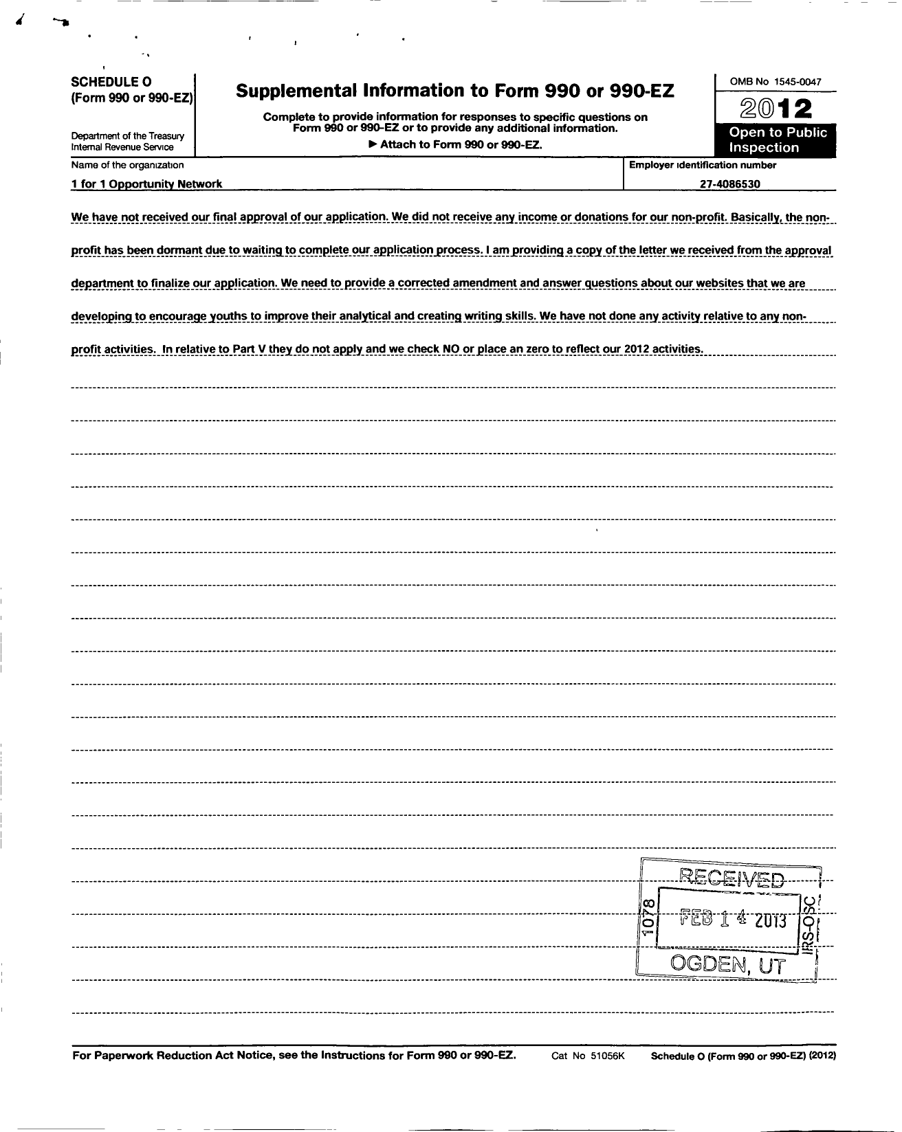 Image of first page of 2011 Form 990OR for 1 for 1 Opportunity Network