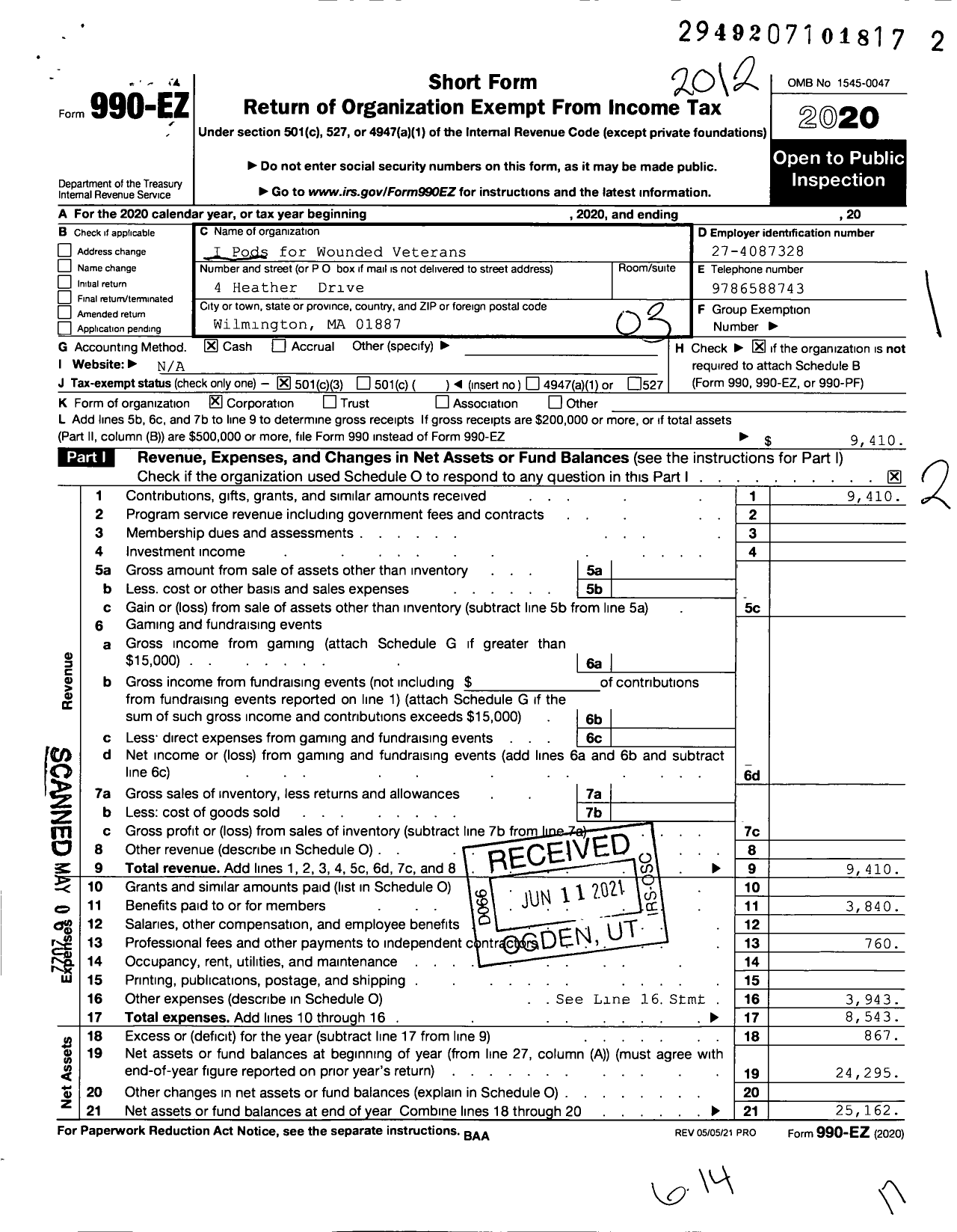 Image of first page of 2020 Form 990EZ for I Pods for Wounded Veterans