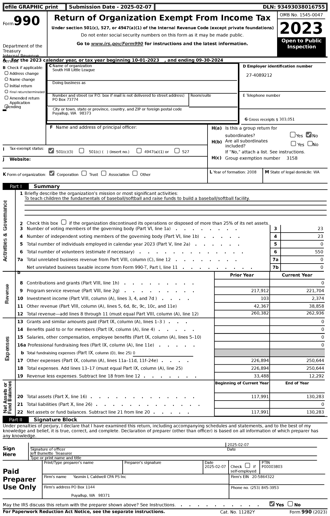 Image of first page of 2023 Form 990 for Little League Baseball - 223926 South Hill LL