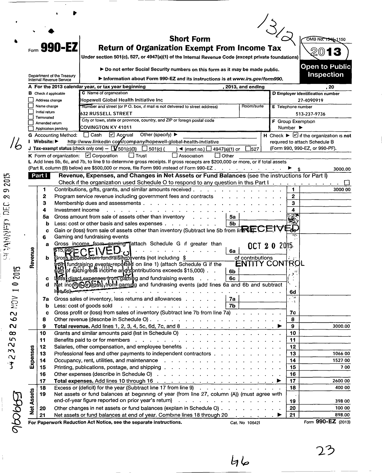 Image of first page of 2013 Form 990EZ for Hopewell Global Health Initiative