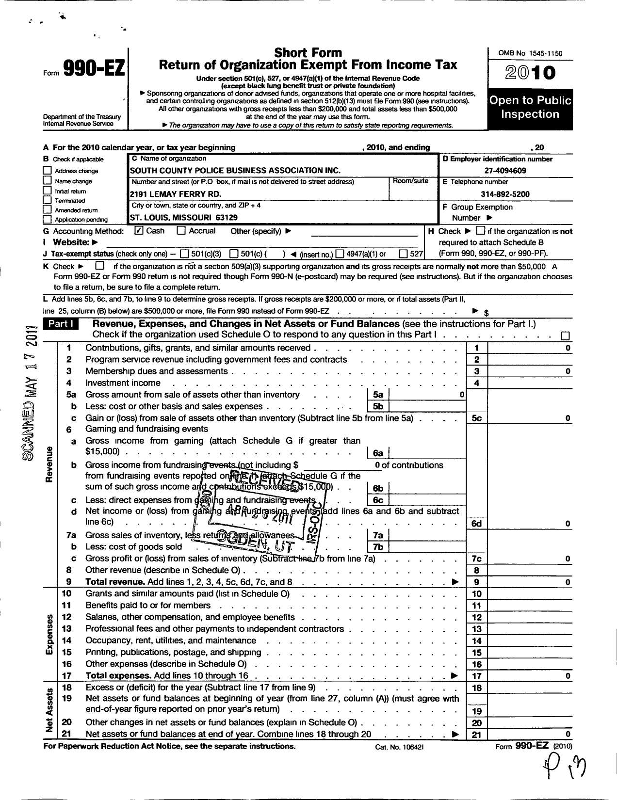 Image of first page of 2010 Form 990EO for South County Police Business Association