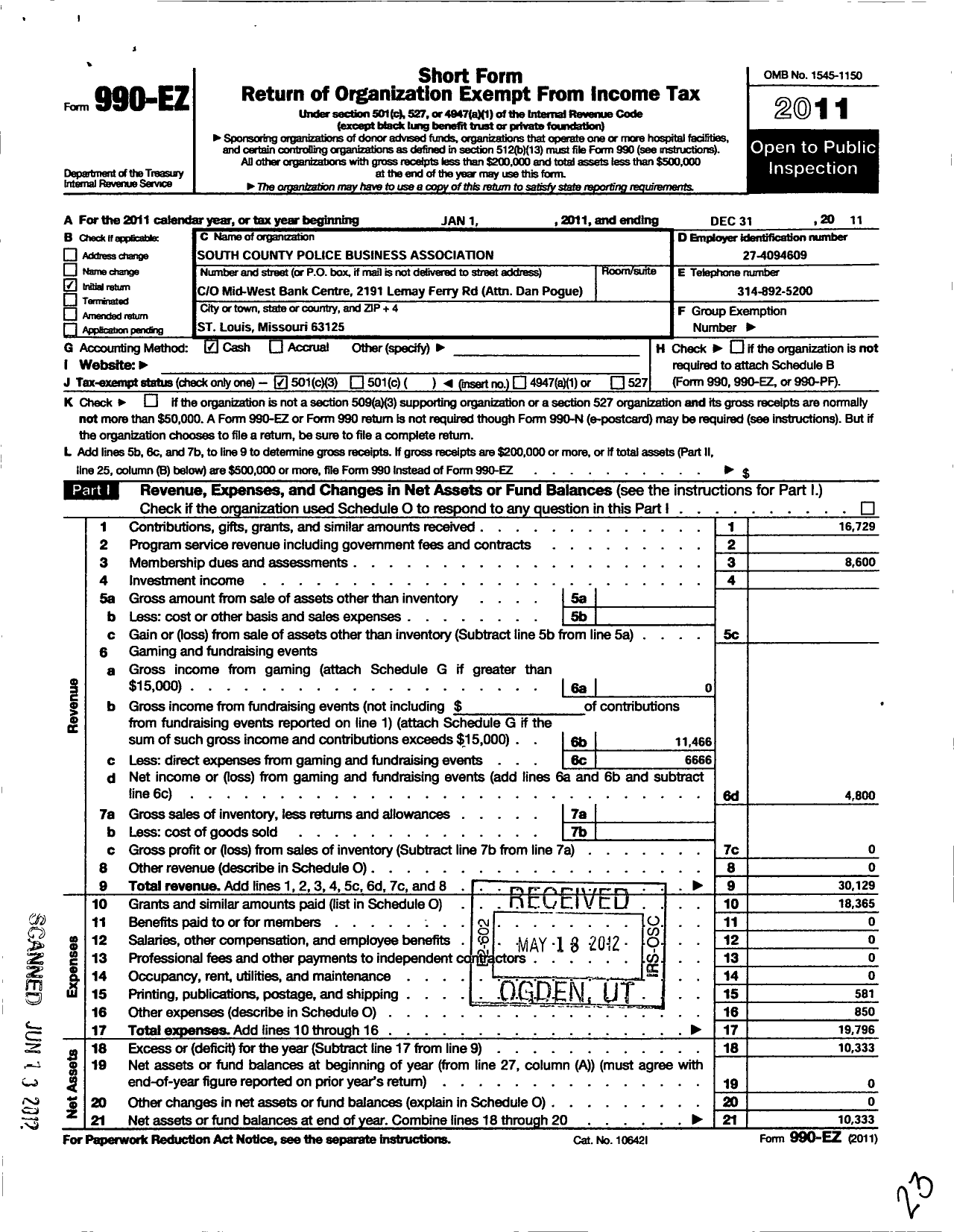 Image of first page of 2011 Form 990EZ for South County Police Business Association