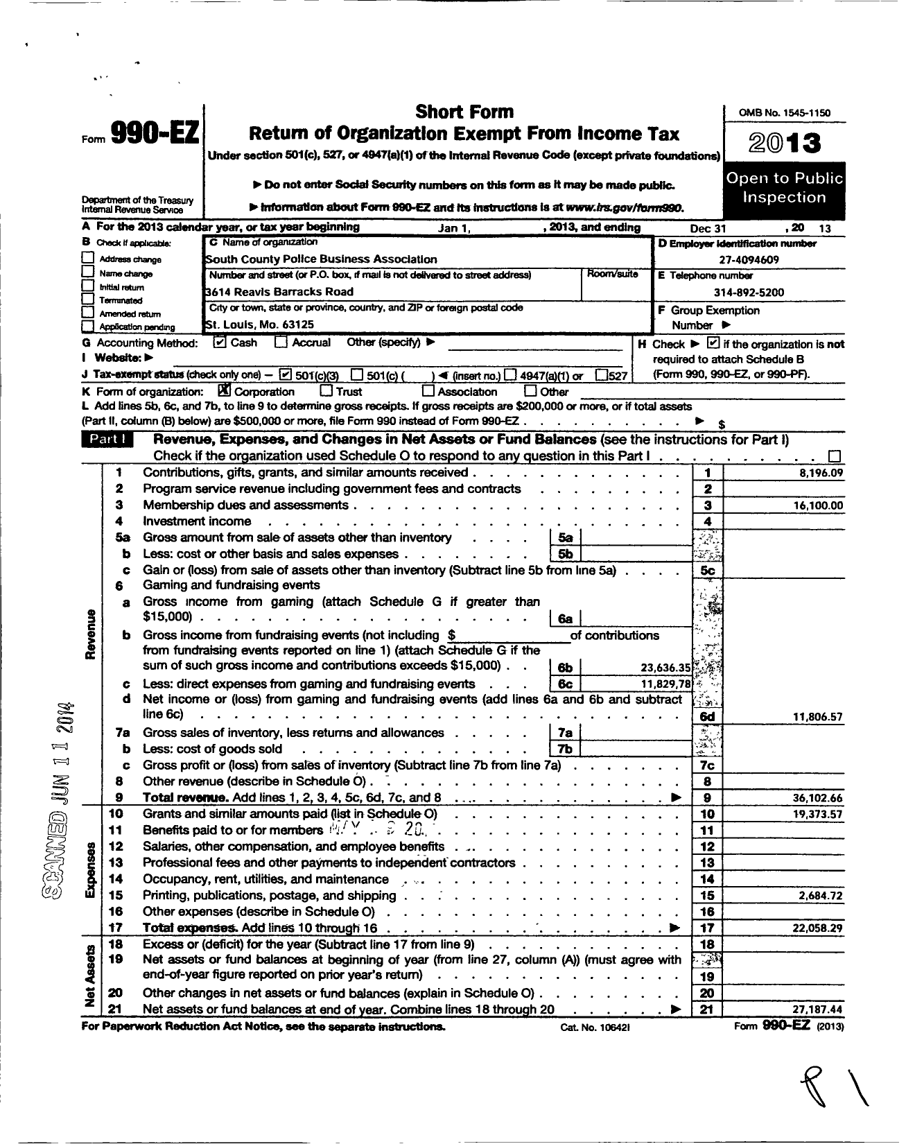 Image of first page of 2013 Form 990EZ for South County Police Business Association