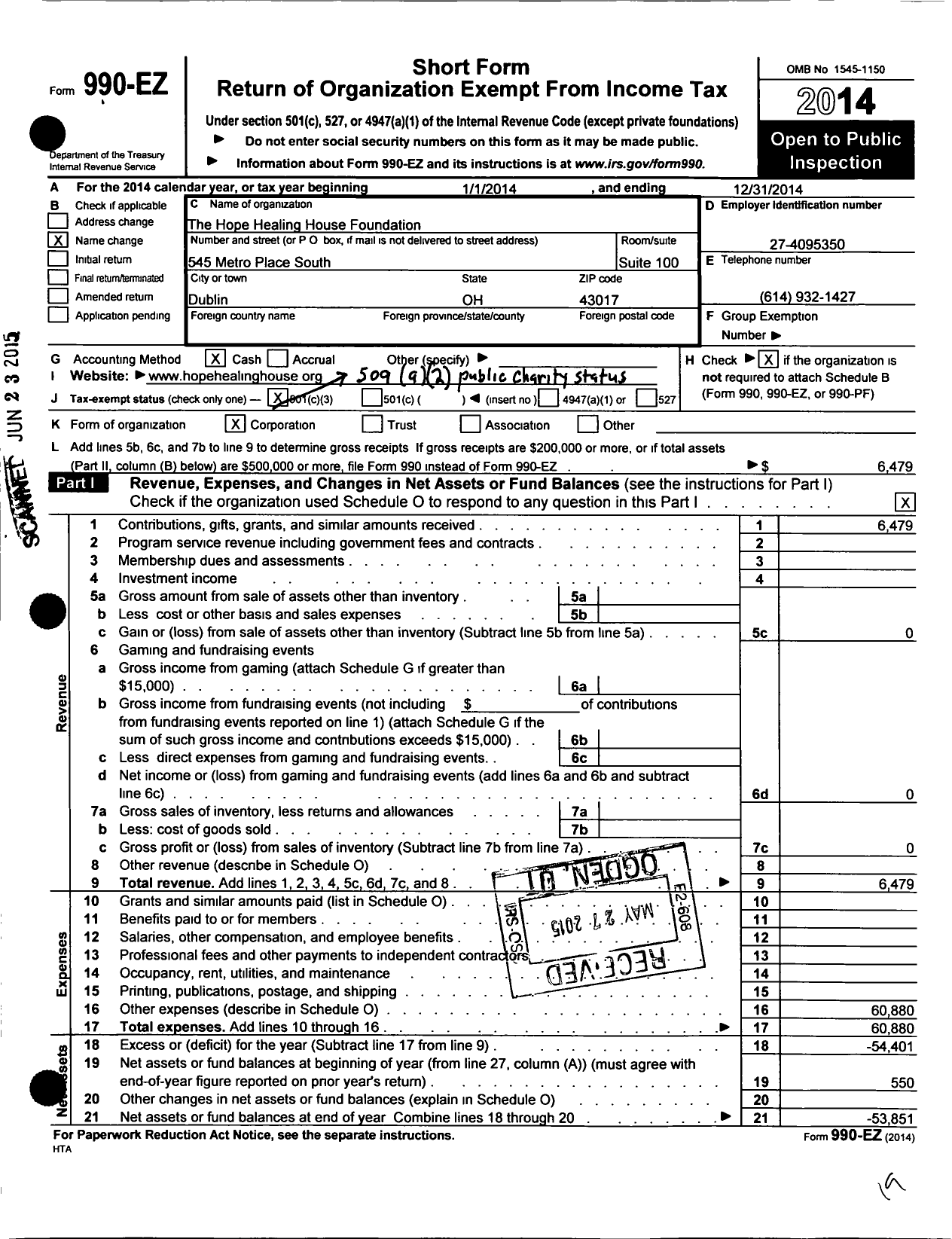 Image of first page of 2014 Form 990EO for Hope Healing House Foundation