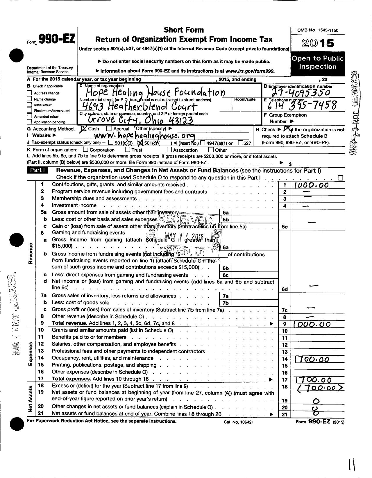 Image of first page of 2015 Form 990EO for Hope Healing House Foundation