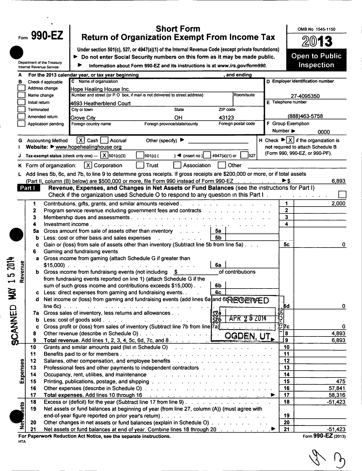 Image of first page of 2013 Form 990EZ for Hope Healing House Foundation