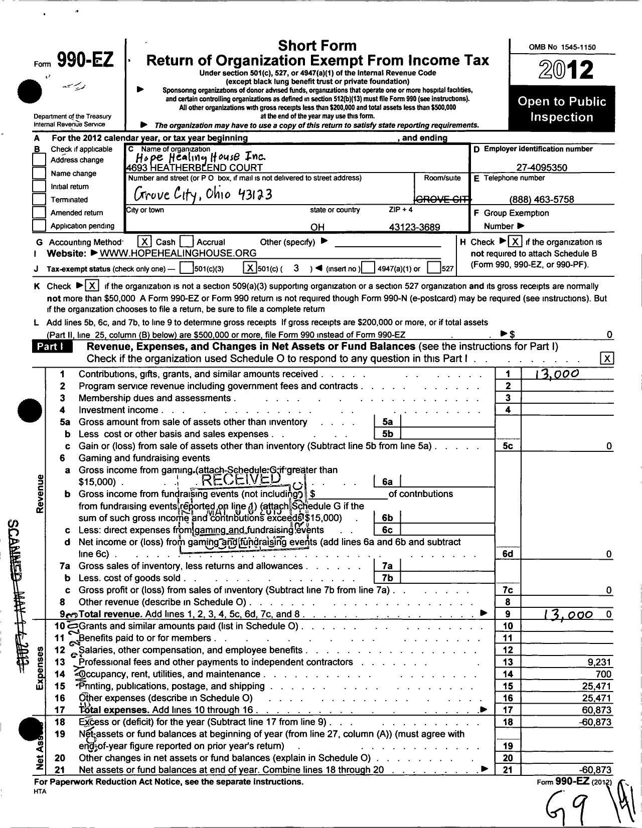 Image of first page of 2012 Form 990EZ for Hope Healing House Foundation