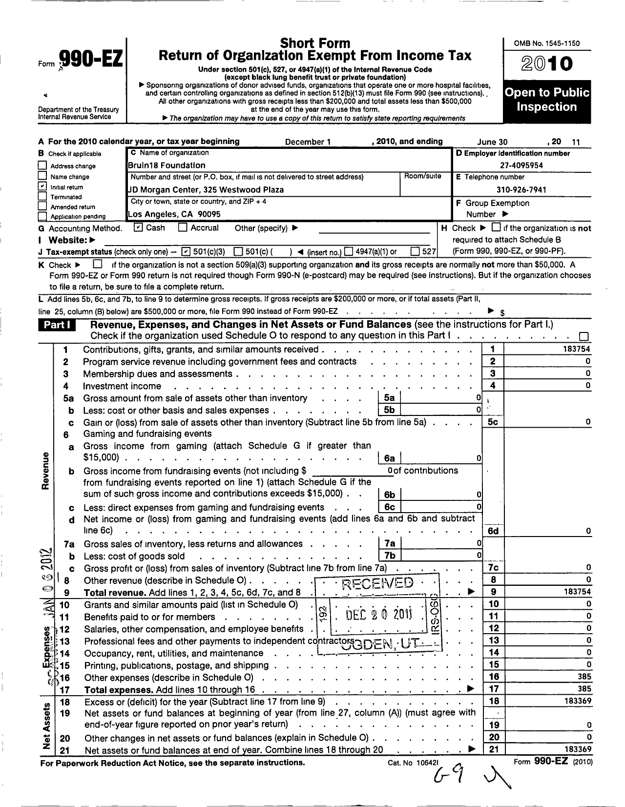 Image of first page of 2010 Form 990EZ for Bruin18 Foundation