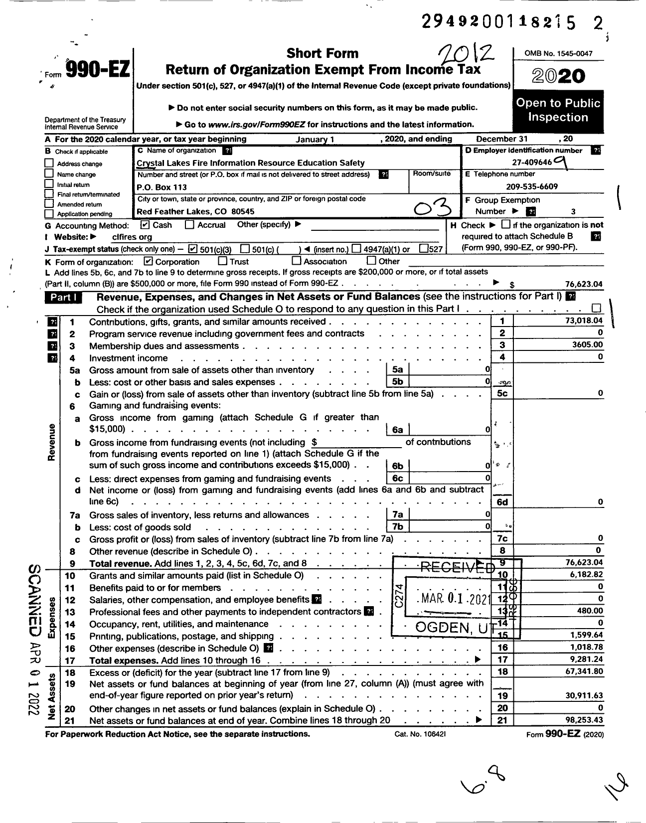 Image of first page of 2020 Form 990EZ for Crystal Lakes Fire Information Resource Education and Safety Corporation