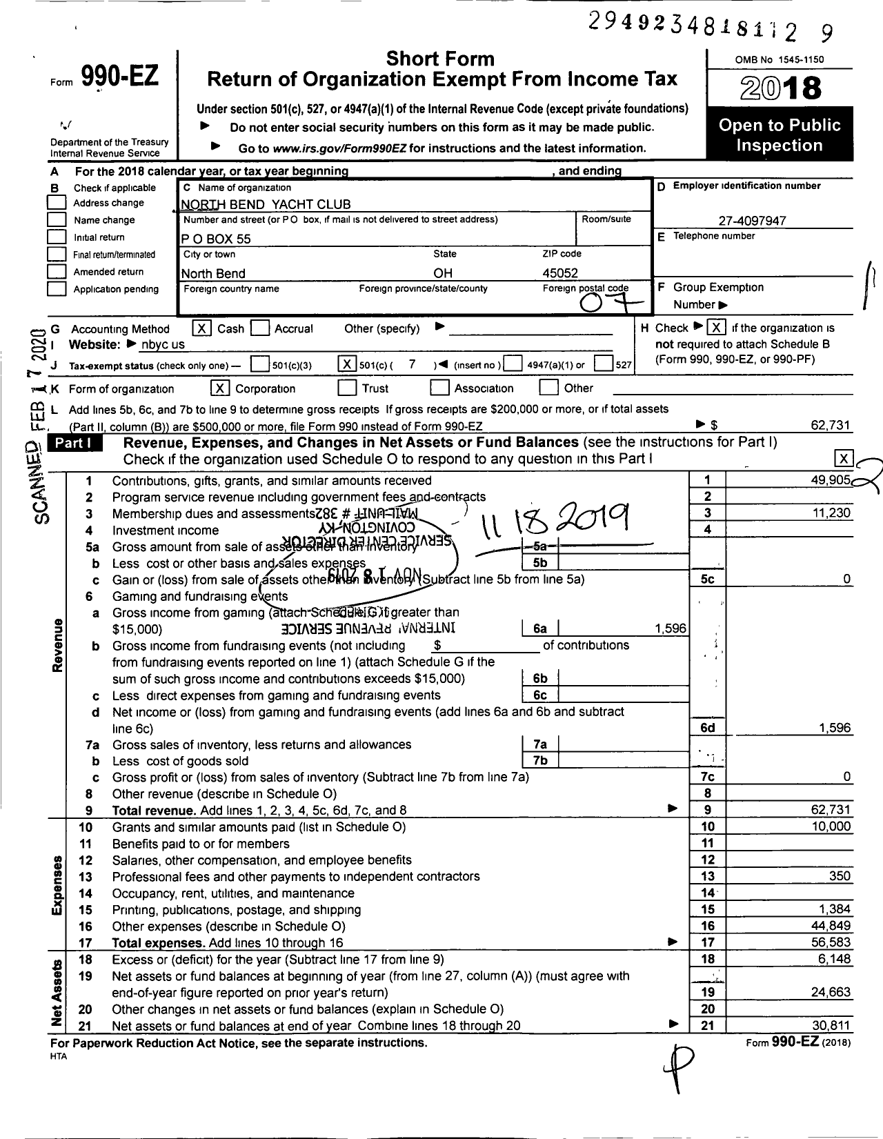 Image of first page of 2018 Form 990EO for North Bend Yacht Club