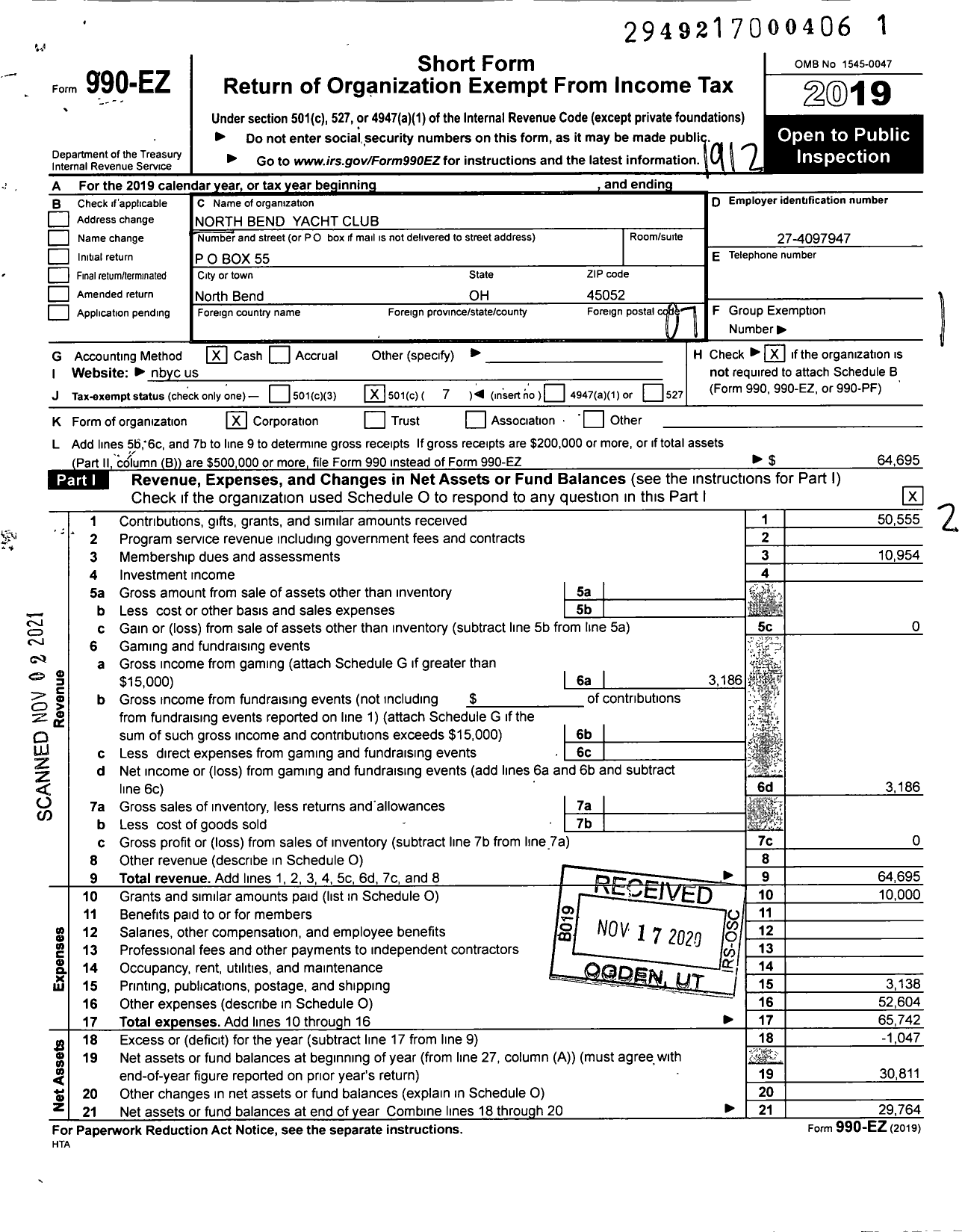 Image of first page of 2019 Form 990EO for North Bend Yacht Club