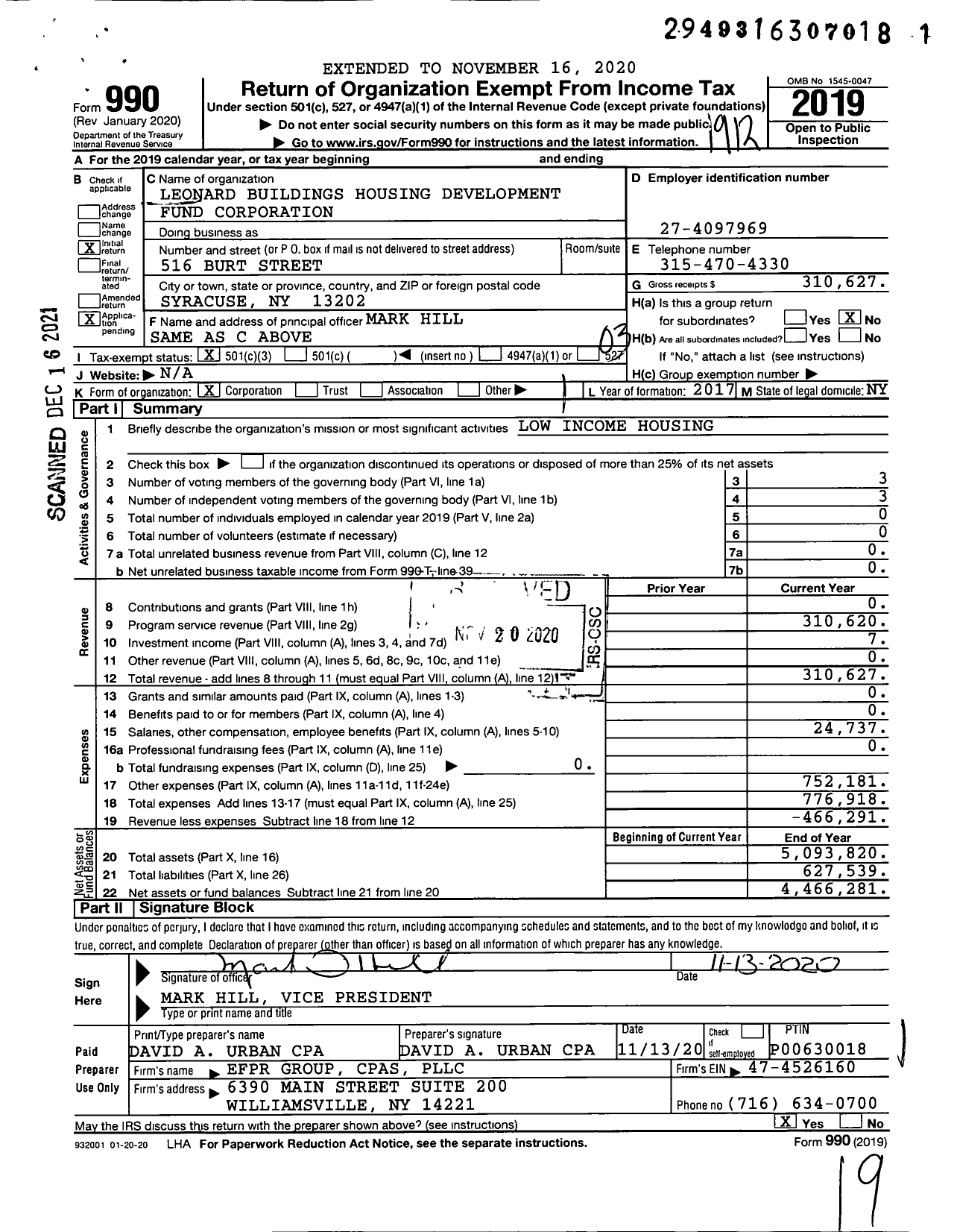 Image of first page of 2019 Form 990 for Leonard Buildings Housing Development Fund Corporation