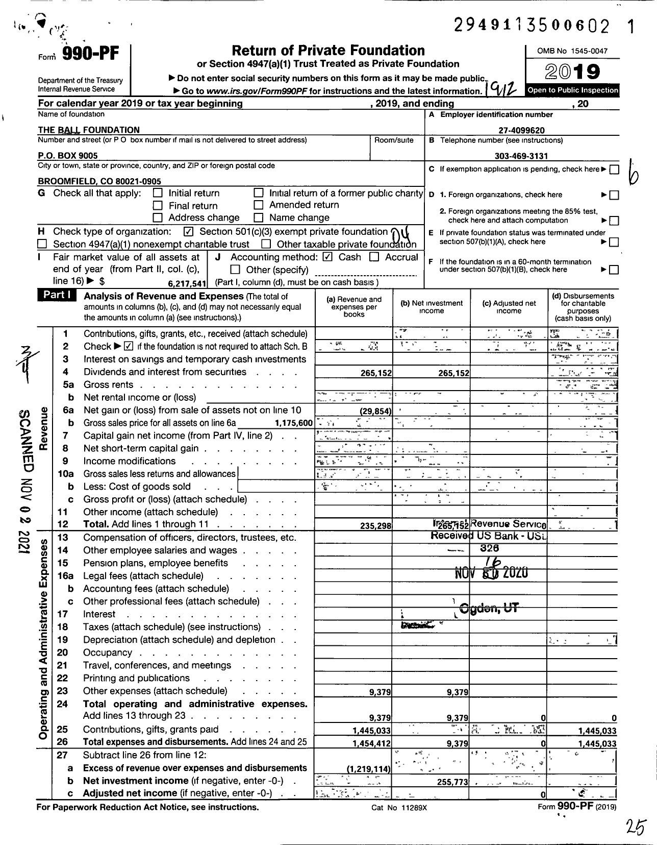 Image of first page of 2019 Form 990PF for The Ball Foundation