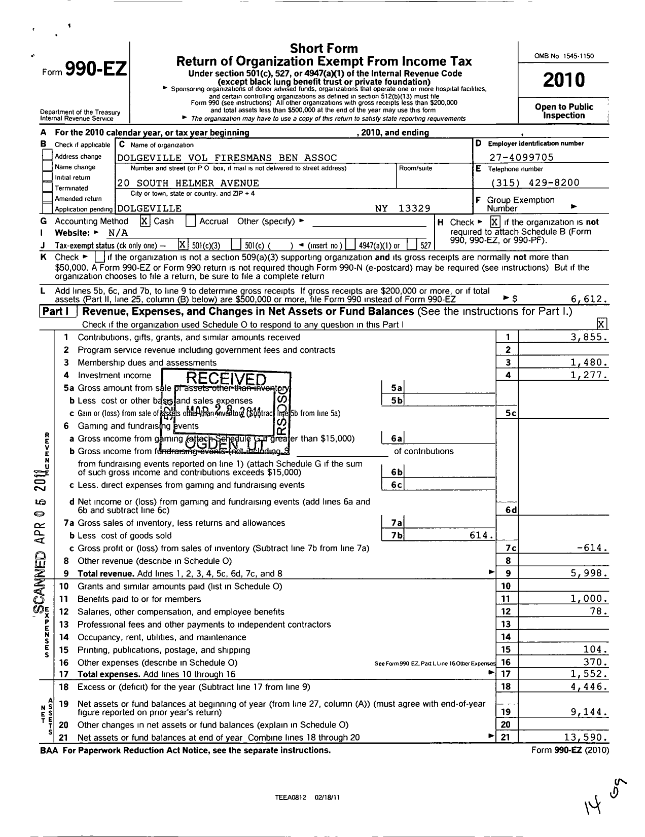 Image of first page of 2010 Form 990EZ for Dolgeville Volunteer and Exempt Firemans Benevolent Association